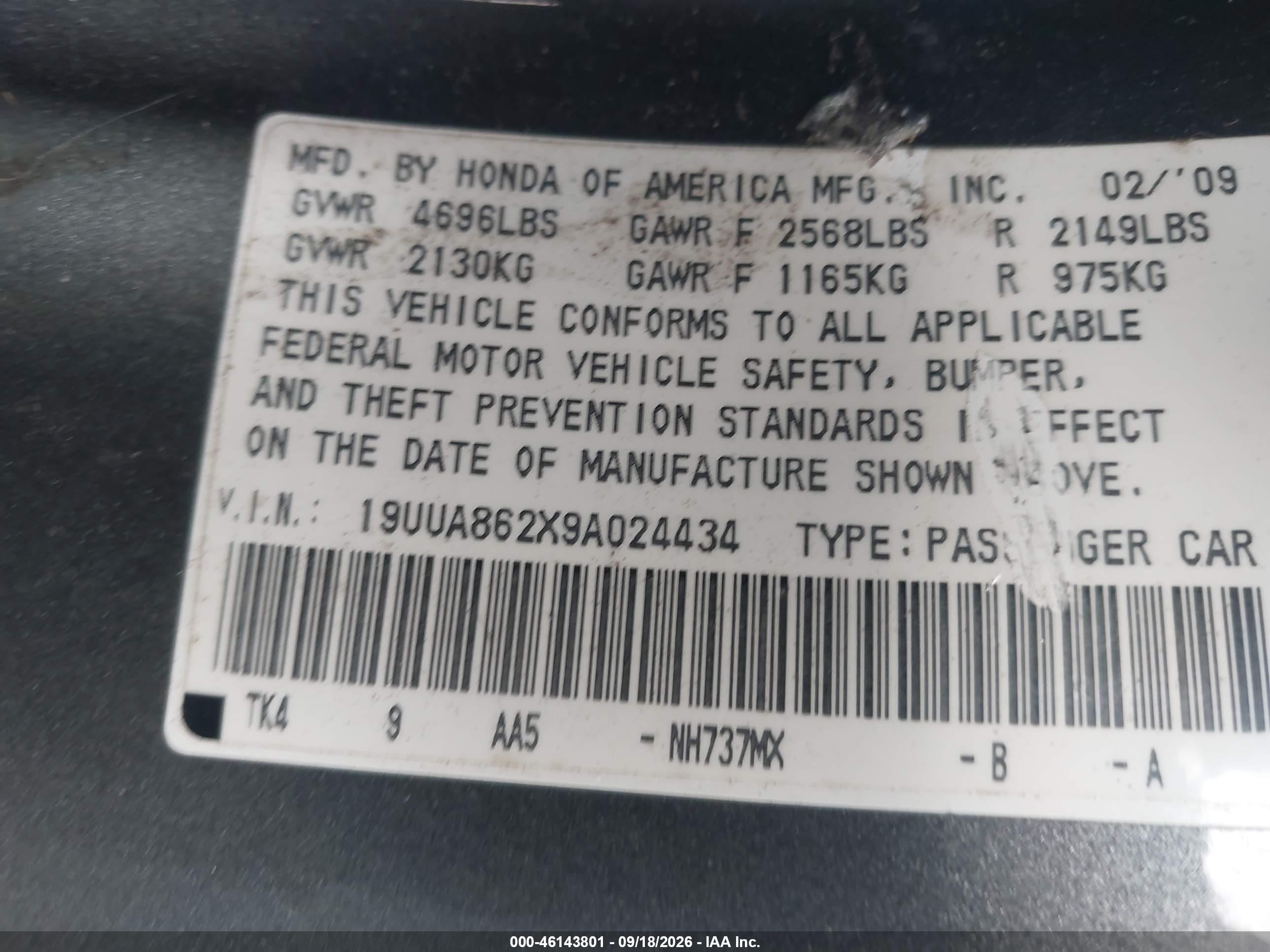 2009 Acura TL VIN 19UUA862X9A024434 IAAI salvage auction — Rear End, Clear (Florida), sold $400 on 2026-09-24 (photo 9)