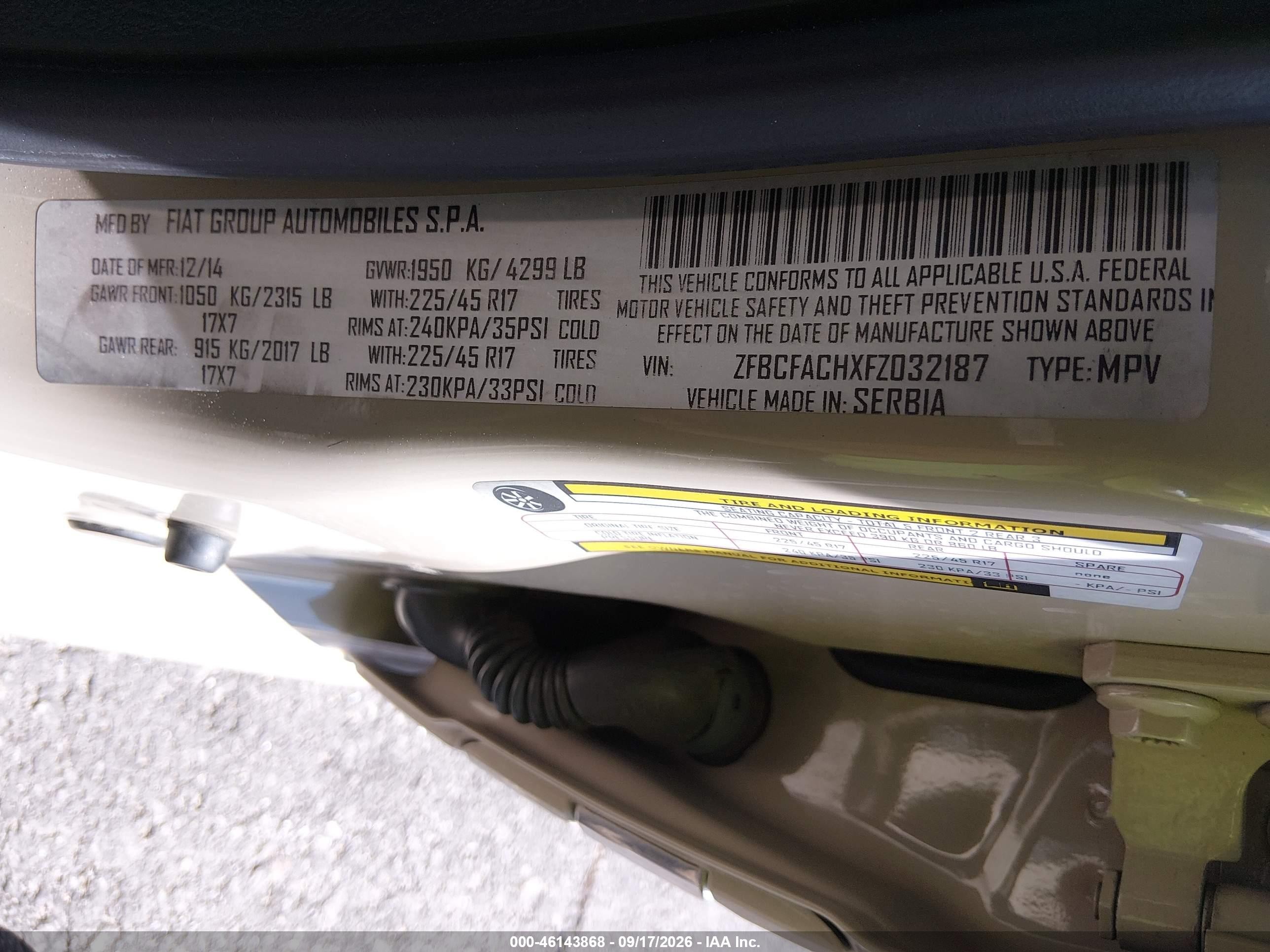 2015 Fiat 500L VIN ZFBCFACHXFZ032187 IAAI salvage auction — Normal Wear, Clear (Nevada), sold $700 on 2026-10-08 (photo 9)