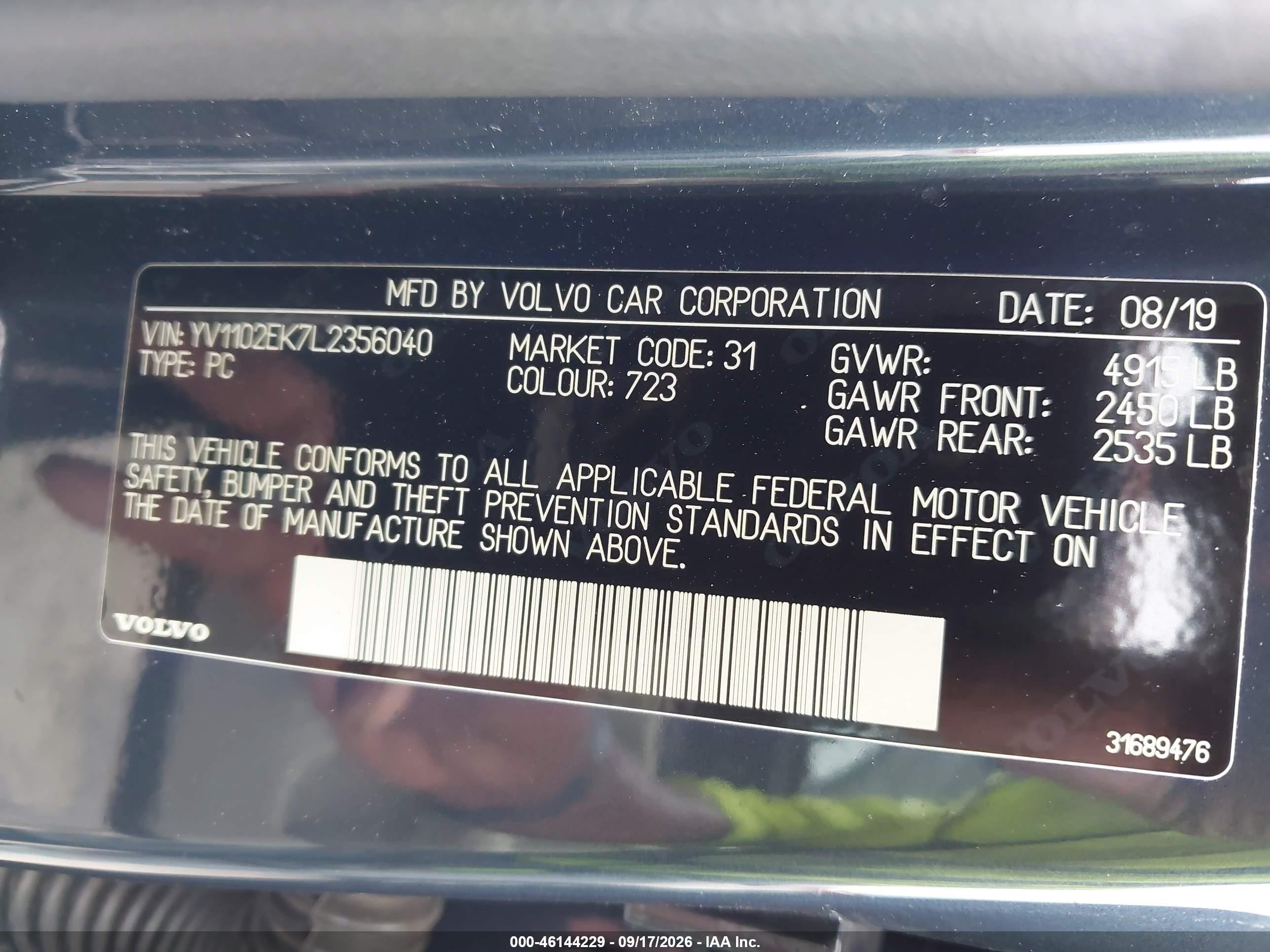 2020 Volvo V60 VIN YV1102EK7L2356040 IAAI salvage auction — Front End, Salvage - Greater Than 75% (Maryland), sold $2,500 on 2026-10-01 (photo 9)
