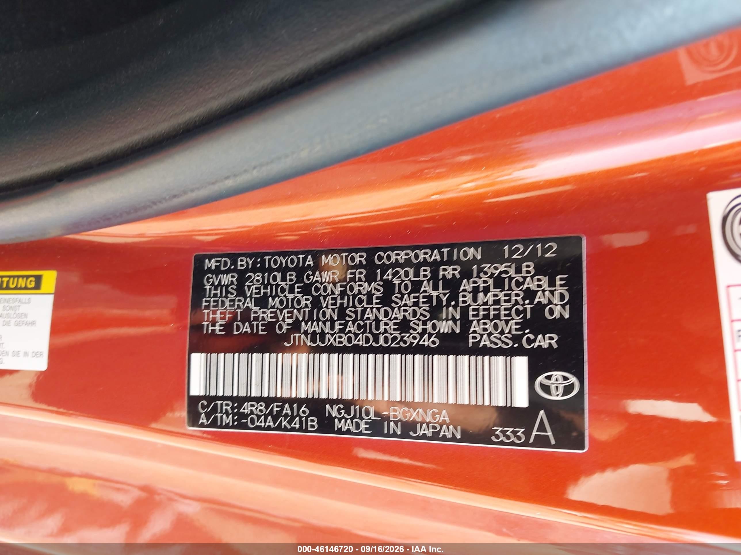 2013 Scion iQ VIN JTNJJXB04DJ023946 IAAI salvage auction — Normal Wear, Clear (Pennsylvania), sold $1,975 on 2026-09-27 (photo 9)