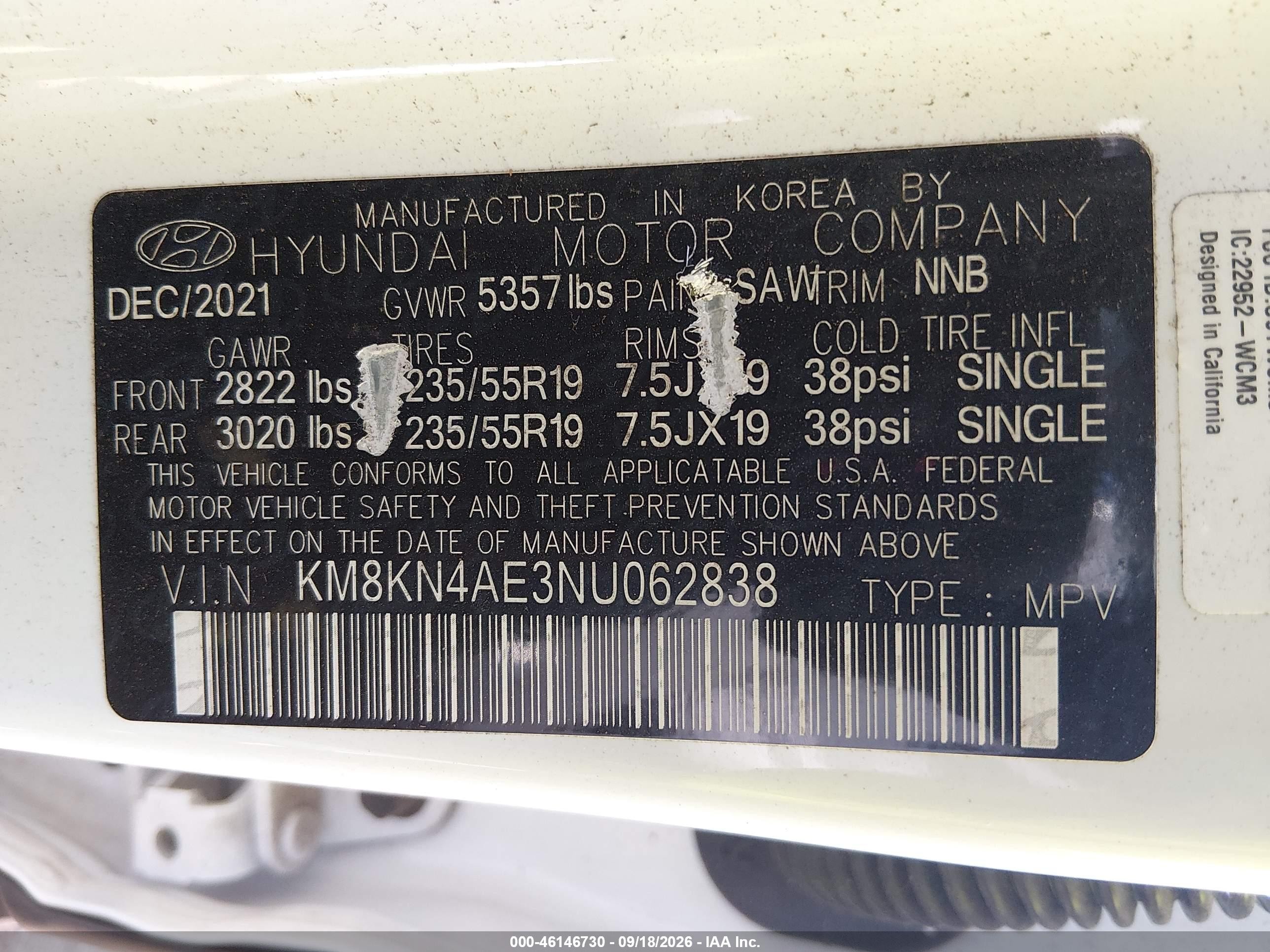 2022 Hyundai Ioniq 5 VIN KM8KN4AE3NU062838 IAAI salvage auction — Rear End, Salvage (Alabama), sold $7,900 on 2026-10-14 (photo 9)