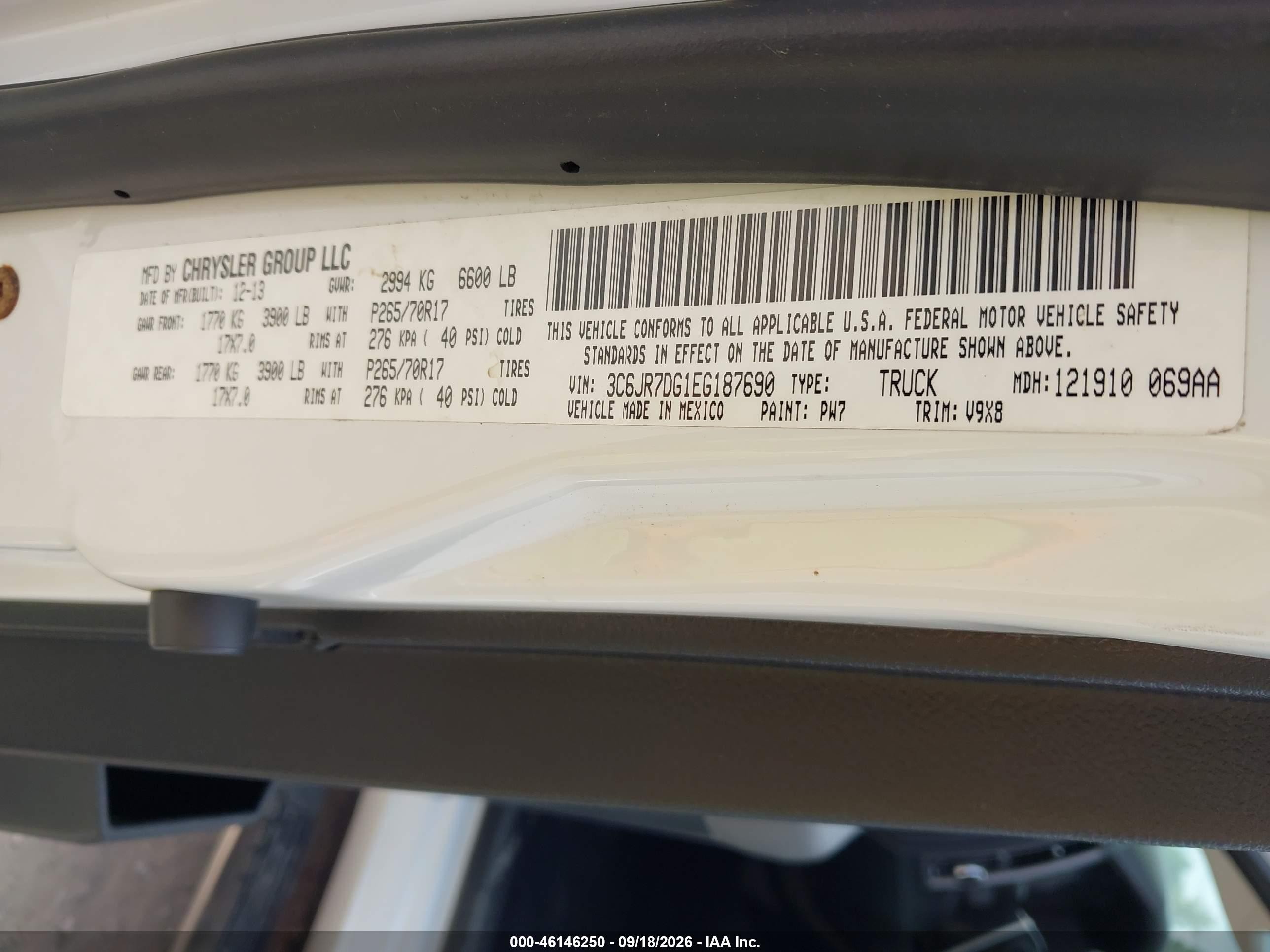 2014 Ram 1500 VIN 3C6JR7DG1EG187690 IAAI salvage auction — Front End, Salvage - Greater Than 75% (Maryland), sold $5,900 on 2026-10-08 (photo 9)