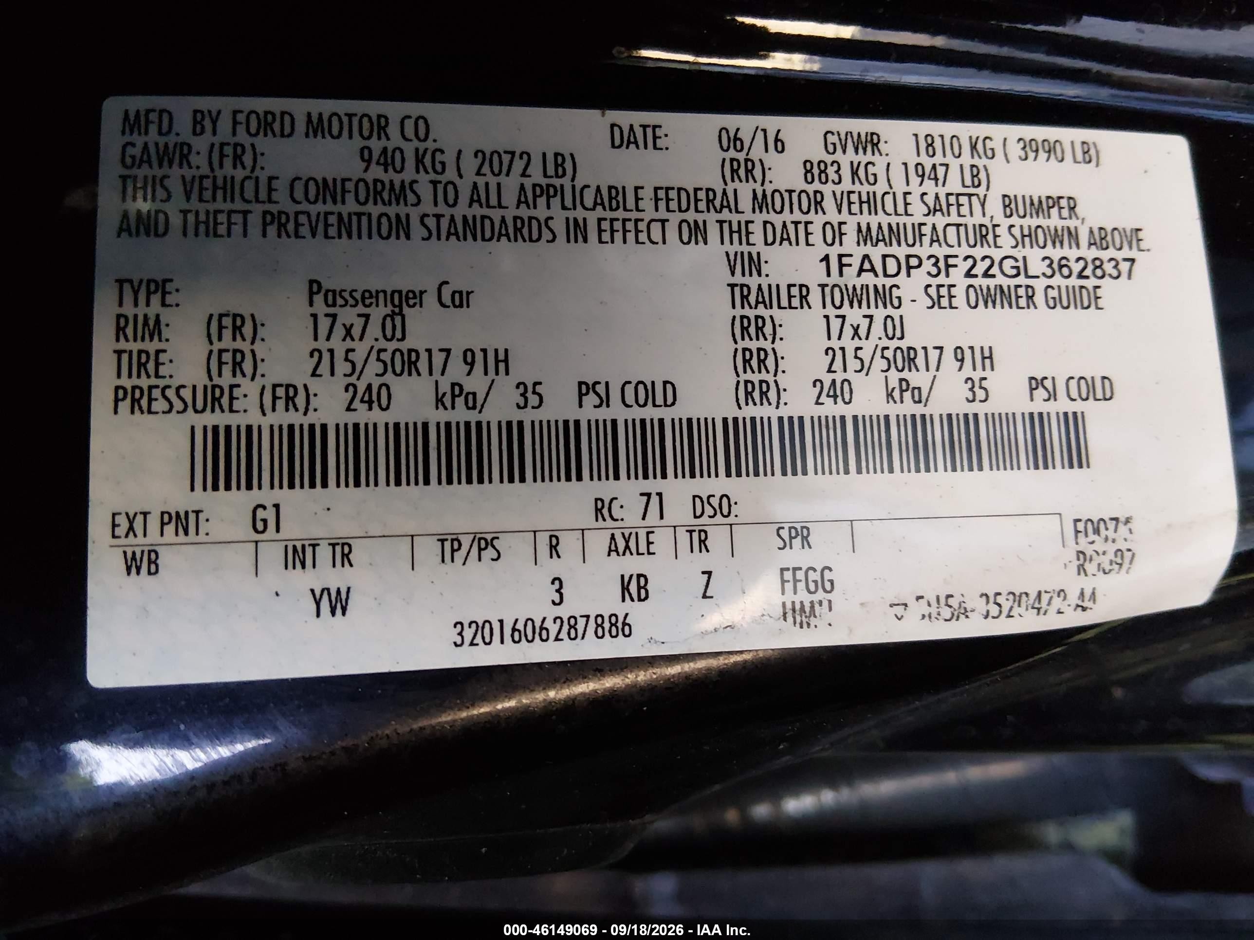 2016 Ford Focus VIN 1FADP3F22GL362837 IAAI salvage auction — Normal Wear, Regular (Nevada), sold $975 on 2026-09-27 (photo 9)