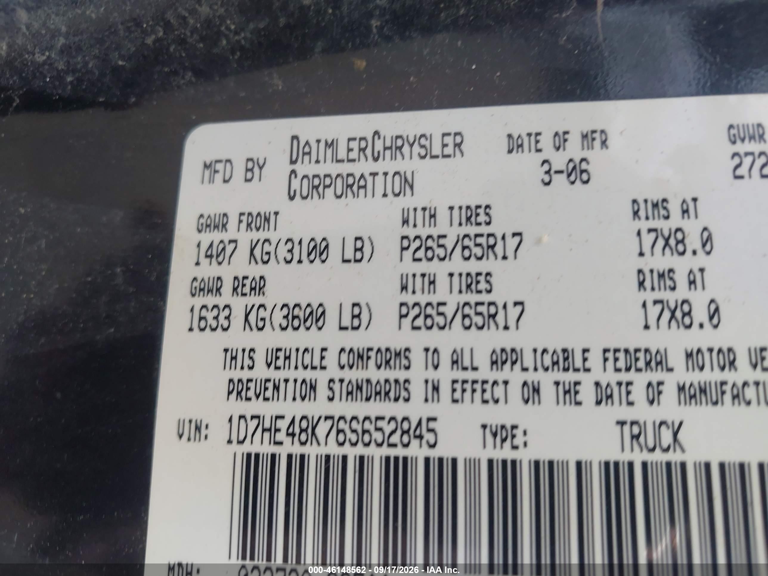 2006 Dodge Dakota VIN 1D7HE48K76S652845 IAAI salvage auction — Normal Wear, Original (Texas), sold $775 on 2026-09-23 (photo 9)