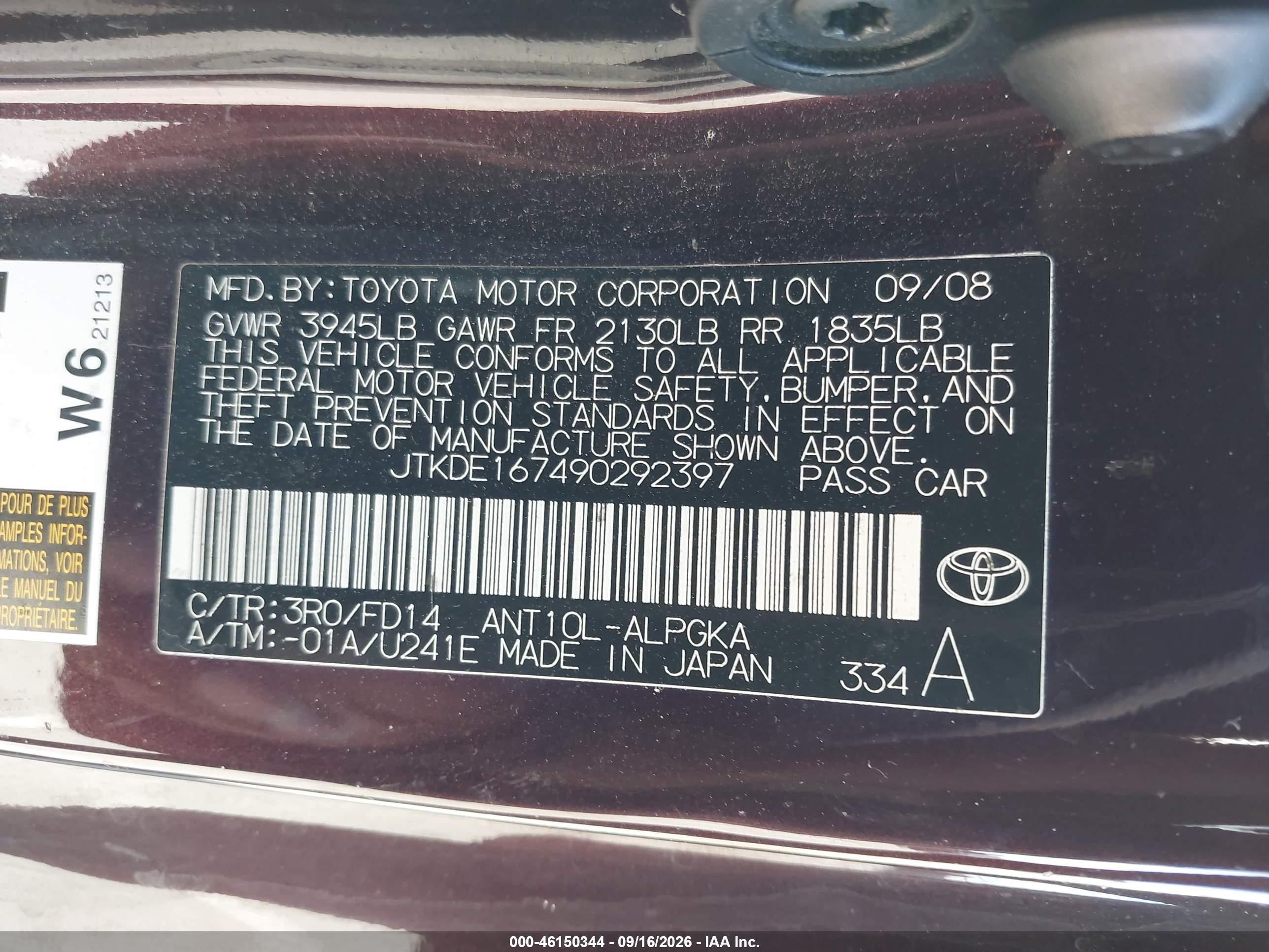 2009 Scion Tc VIN JTKDE167490292397 IAAI salvage auction — Normal Wear, Salvage (California), sold $600 on 2026-10-20 (photo 9)