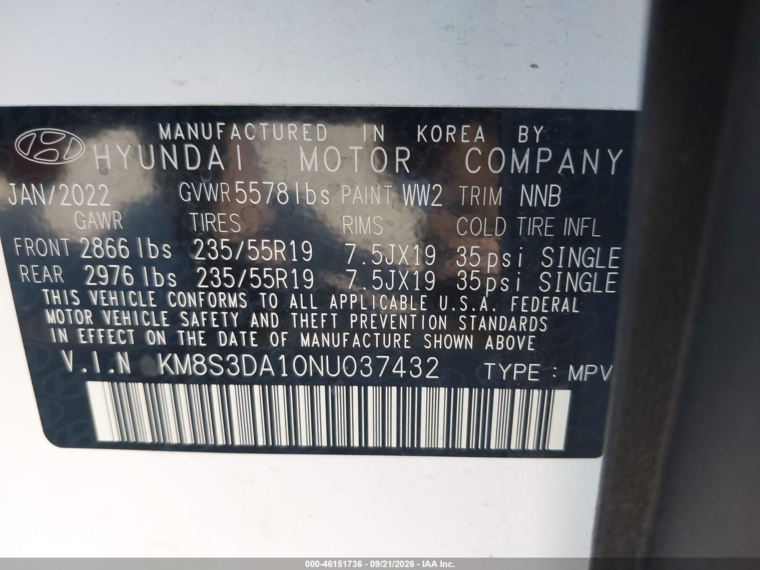 2022 Hyundai Santa fe VIN KM8S3DA10NU037432 IAAI salvage auction — Side, Salvage (California), sold $12,800 on 2026-09-29 (photo 9)