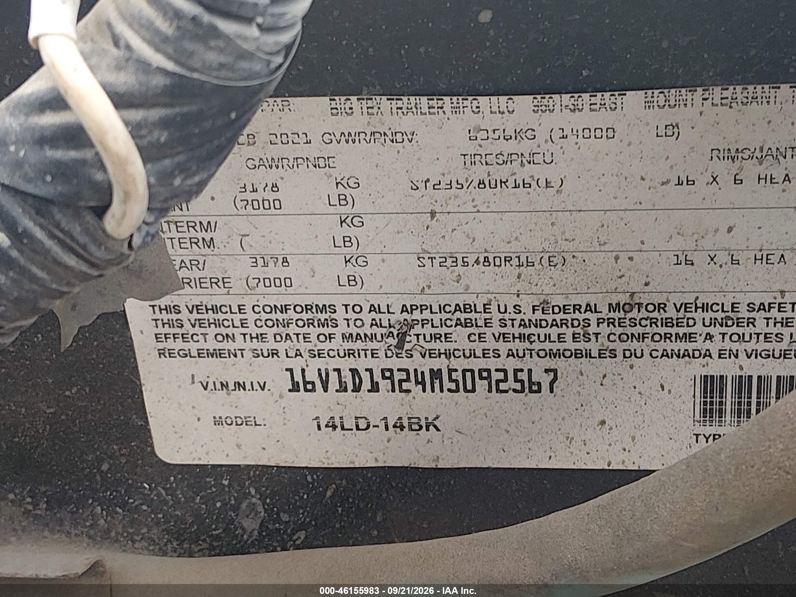 2021 Big Tex Trailer VIN 16V1D1924M5092567 IAAI salvage auction — Rear End, Salvage (California), sold $1,550 on 2026-10-02 (photo 9)
