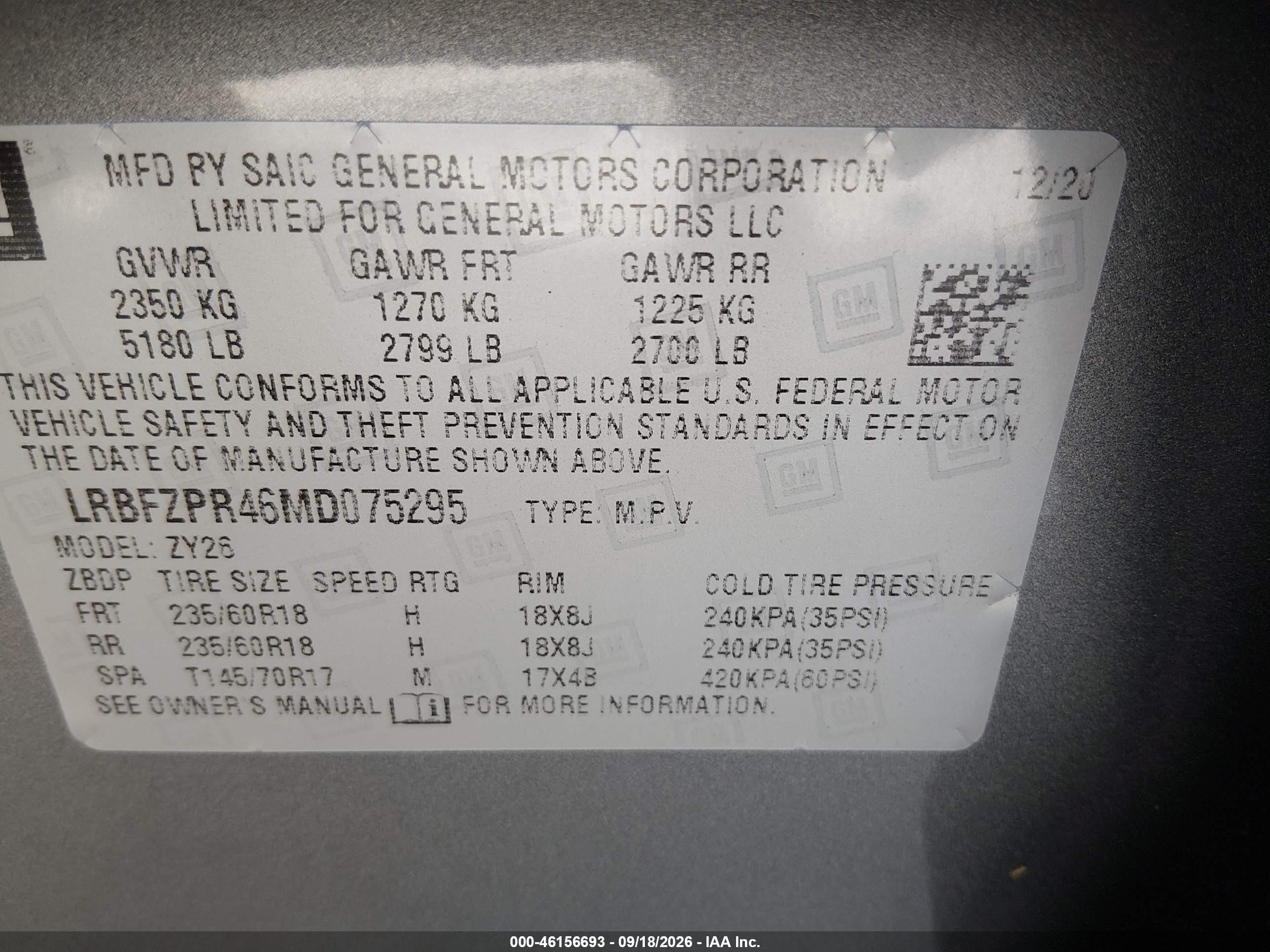 2021 Buick Envision VIN LRBFZPR46MD075295 IAAI salvage auction — Front End, Salvage (Ohio), sold $6,200 on 2026-09-26 (photo 9)