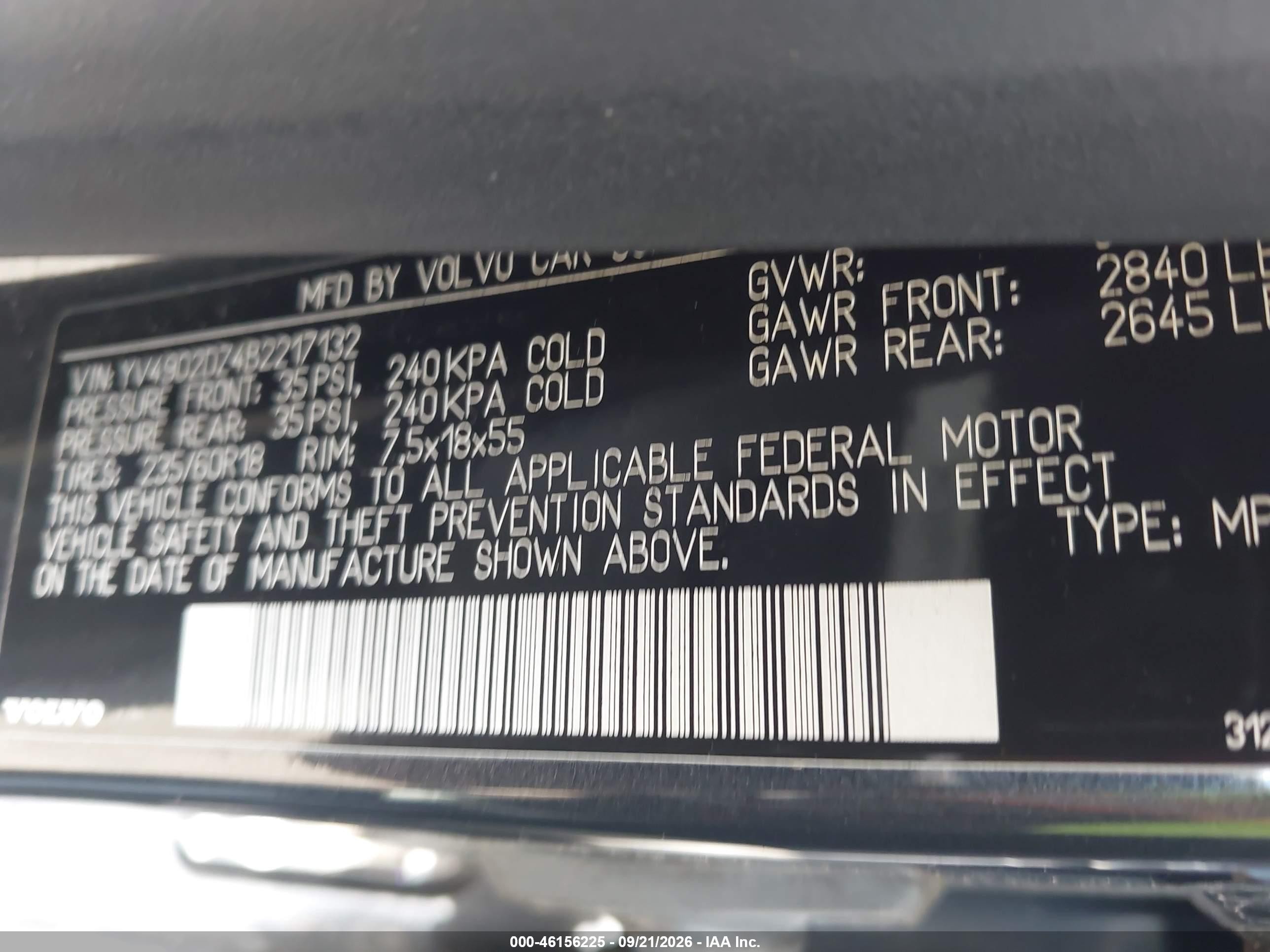 2011 Volvo XC60 VIN YV4902DZ4B2217132 IAAI salvage auction — Front End, Clear (Massachusetts), sold $650 on 2026-09-27 (photo 9)