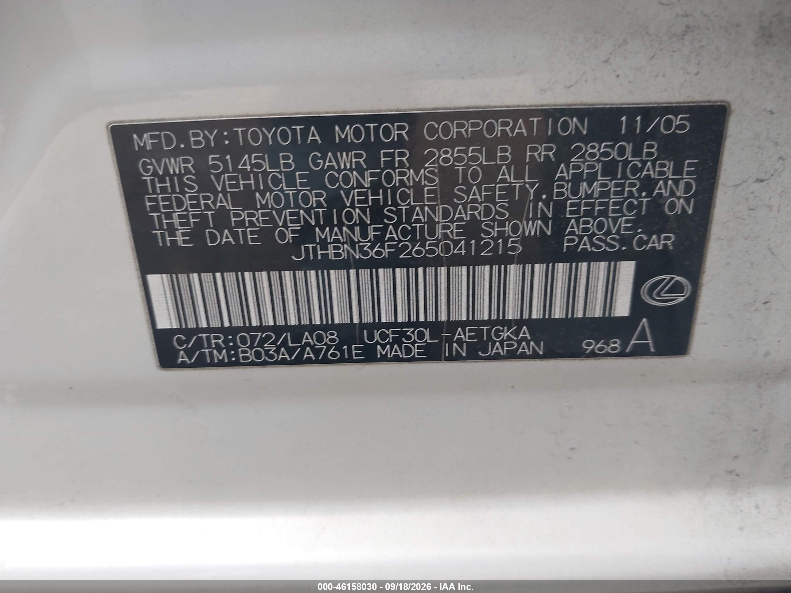 2006 Lexus Ls 430 VIN JTHBN36F265041215 IAAI salvage auction — Side, Clear (Virginia), sold $2,650 on 2026-10-01 (photo 9)