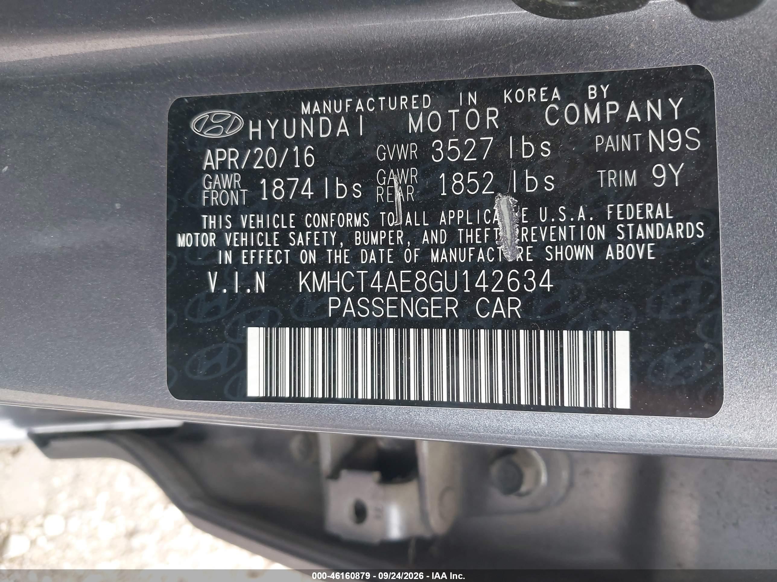 2016 Hyundai Accent VIN KMHCT4AE8GU142634 IAAI salvage auction — Normal Wear, Clear (Illinois), sold $700 on 2026-10-02 (photo 9)