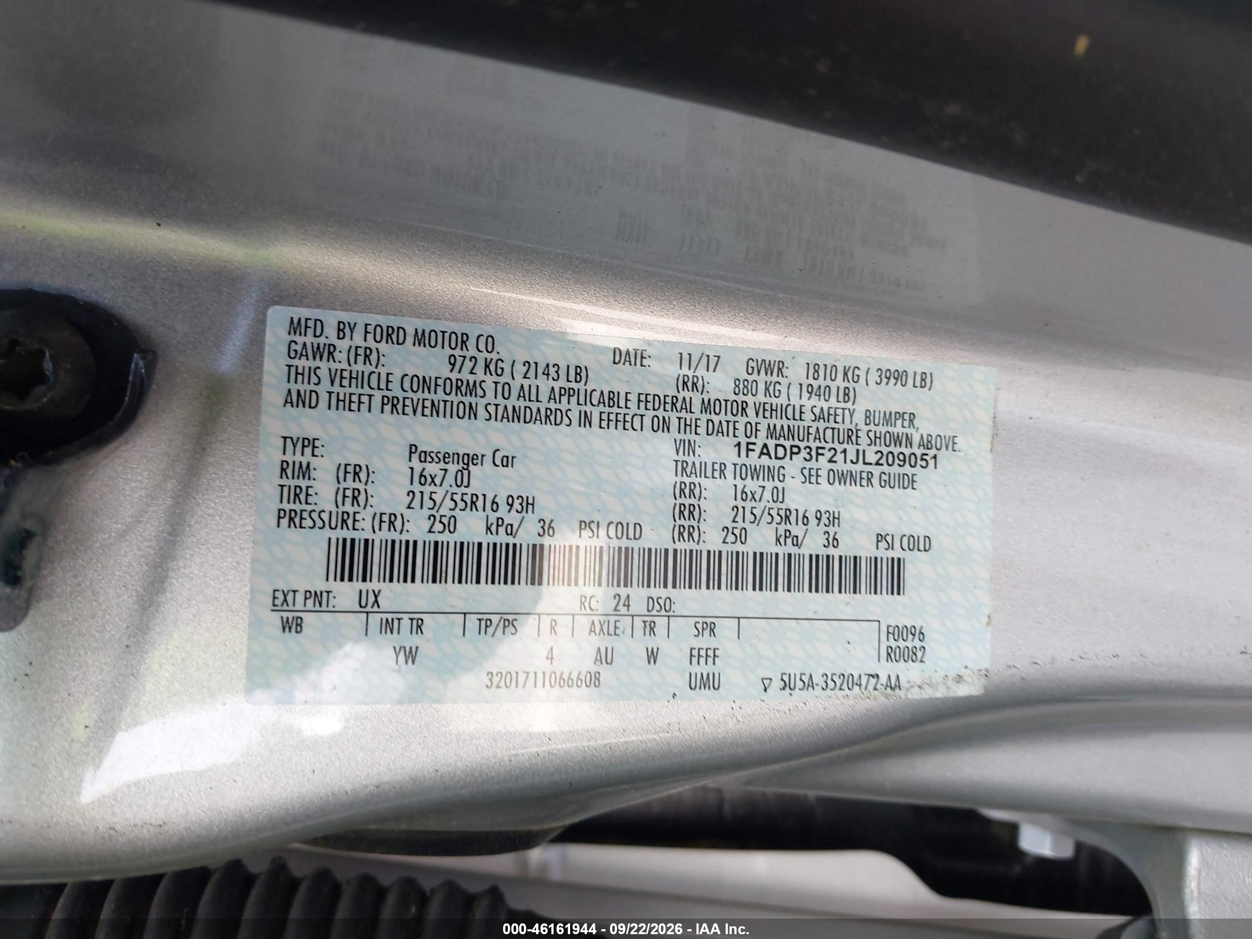 2018 Ford Focus VIN 1FADP3F21JL209051 IAAI salvage auction — All Over, Clear (Tennessee), sold $675 on 2026-09-28 (photo 9)