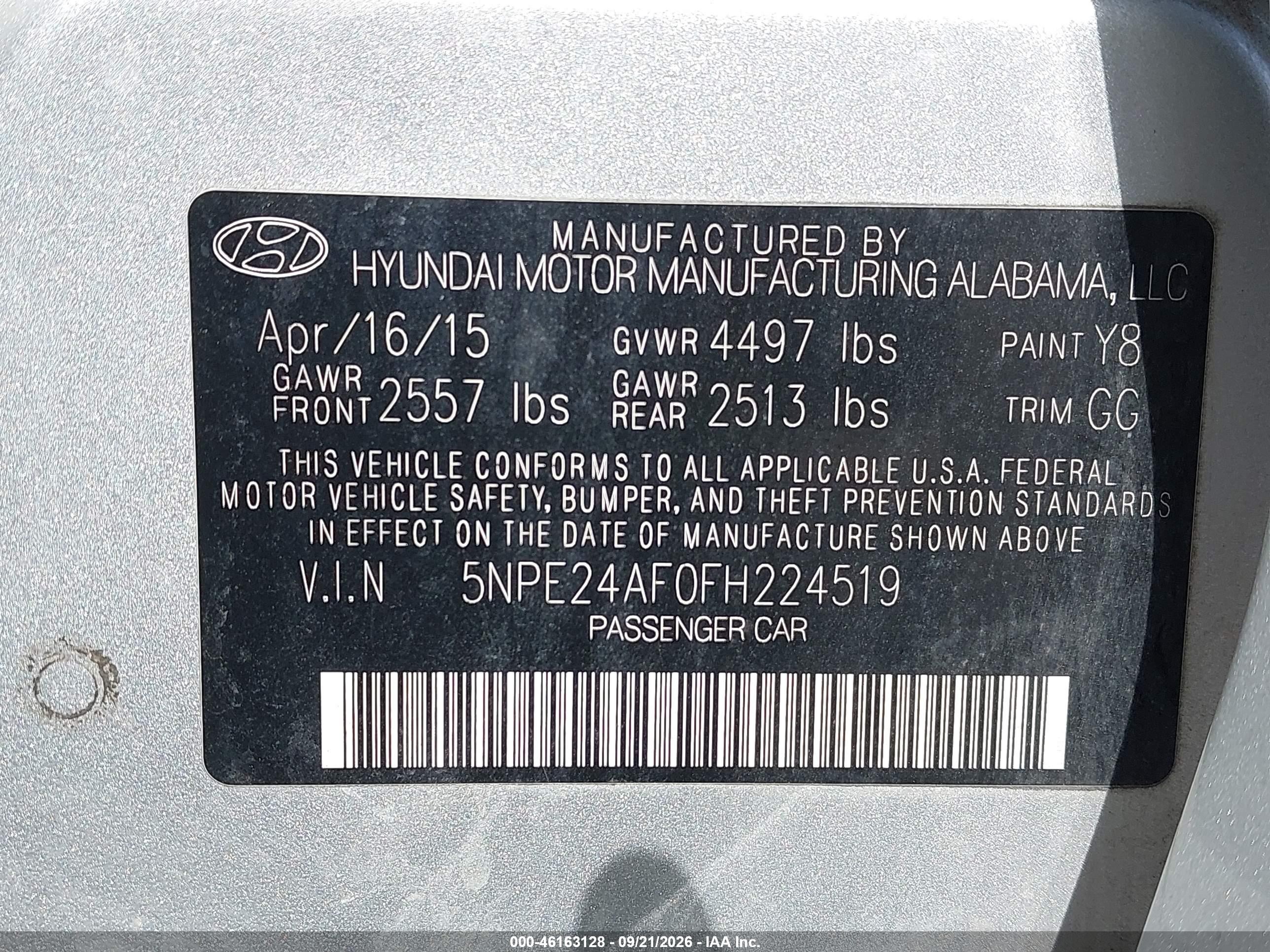 2015 Hyundai Sonata VIN 5NPE24AF0FH224519 IAAI salvage auction — Normal Wear, Original (Texas), sold $1,175 on 2026-10-06 (photo 9)