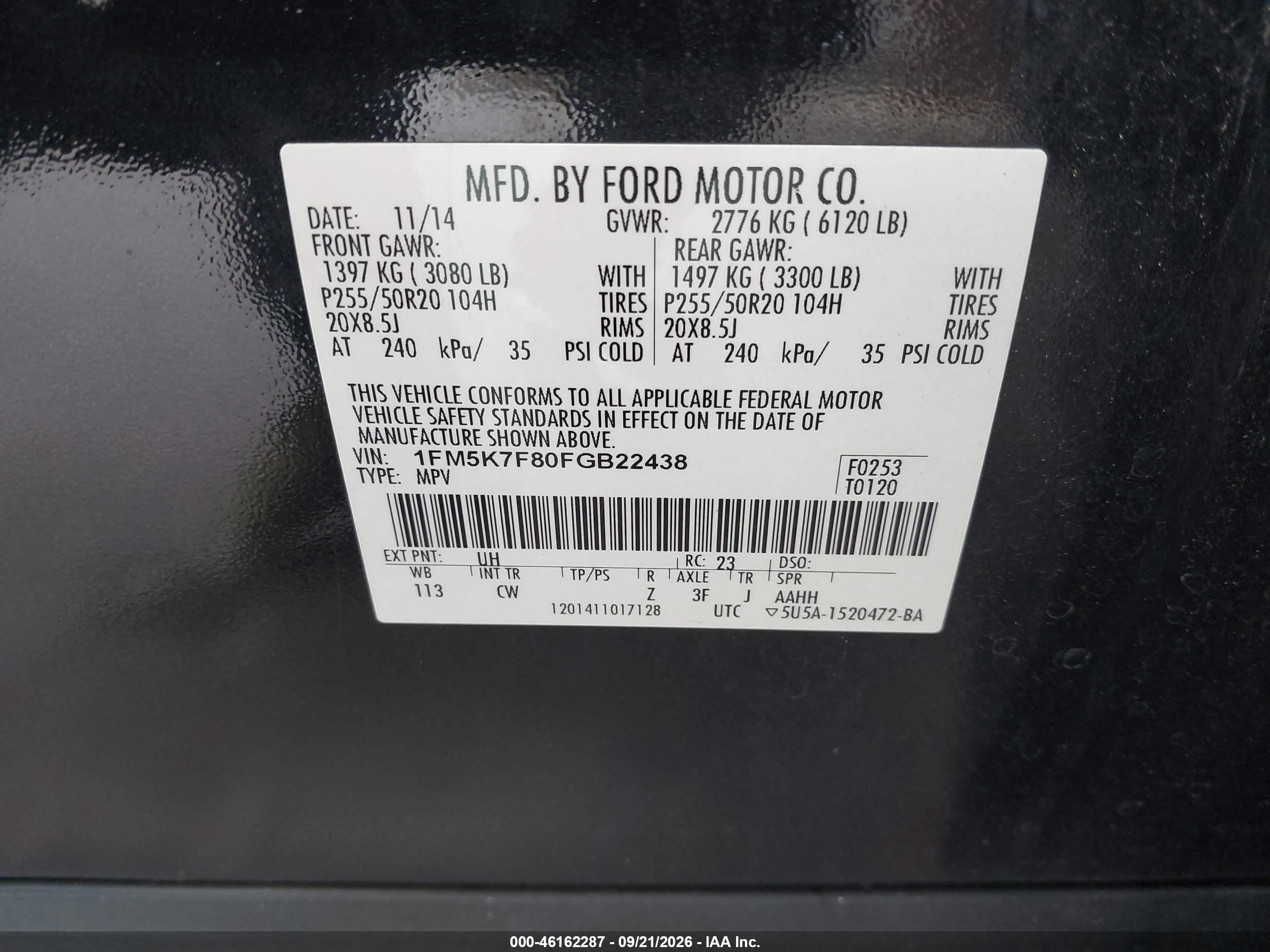 2015 Ford Explorer VIN 1FM5K7F80FGB22438 IAAI salvage auction — Unknown, Clear (Florida), sold $1,100 on 2026-09-24 (photo 9)