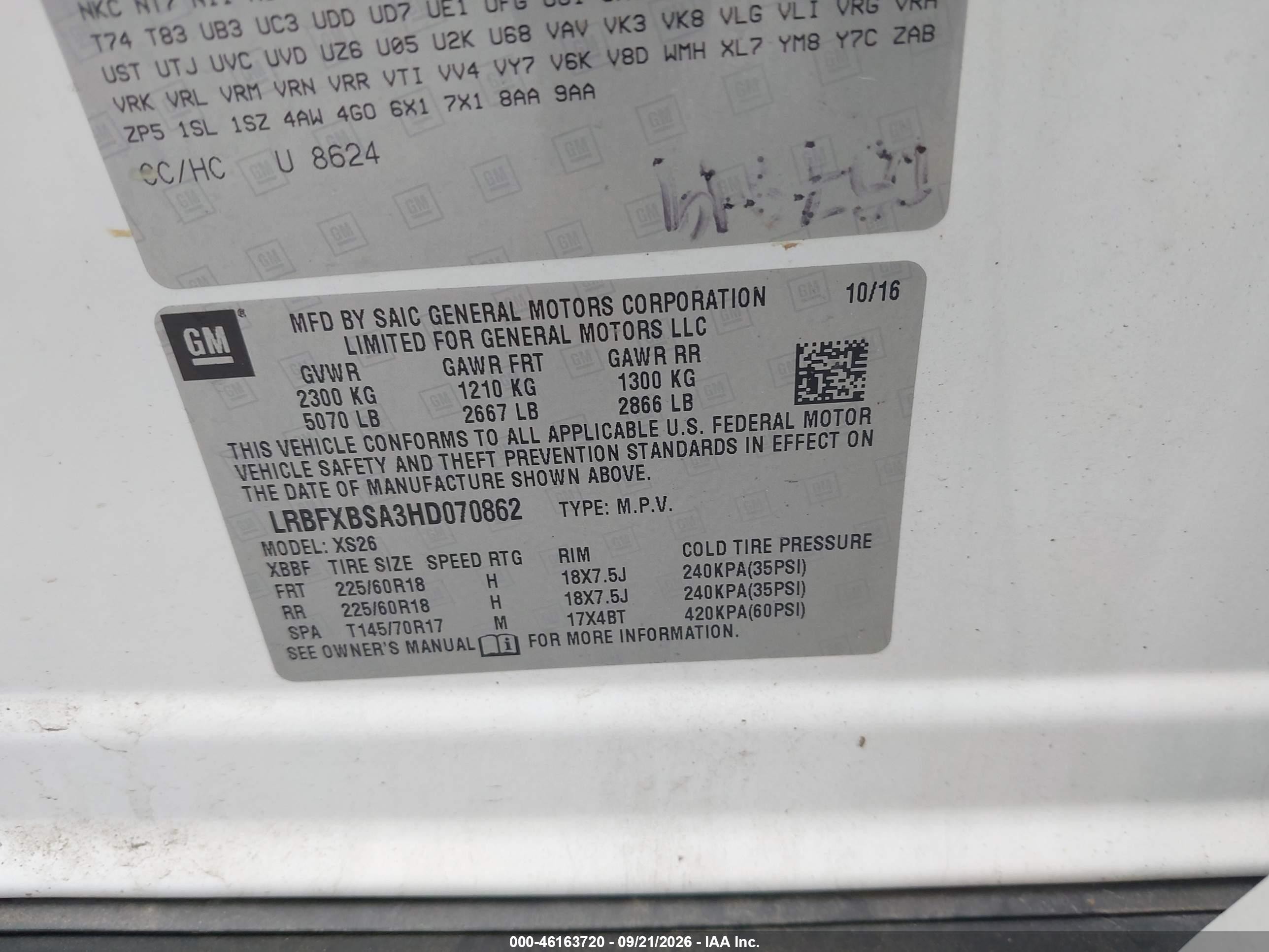 2017 Buick Envision VIN LRBFXBSA3HD070862 IAAI salvage auction — Unknown, Salvage (Ohio), sold $1,350 on 2026-10-07 (photo 9)