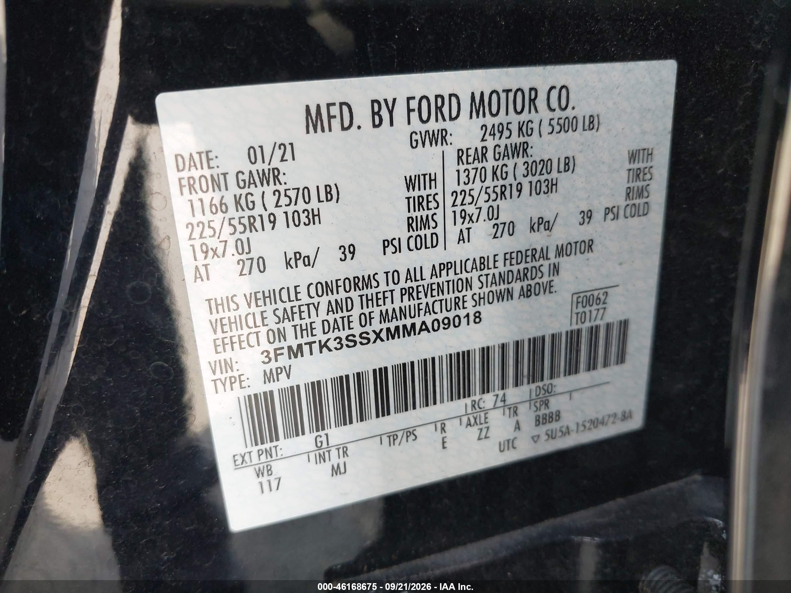 2021 Ford Mustang mach-e VIN 3FMTK3SSXMMA09018 IAAI salvage auction — Front & Rear, Bill Of Sale (Washington), sold $10,100 on 2026-10-08 (photo 9)