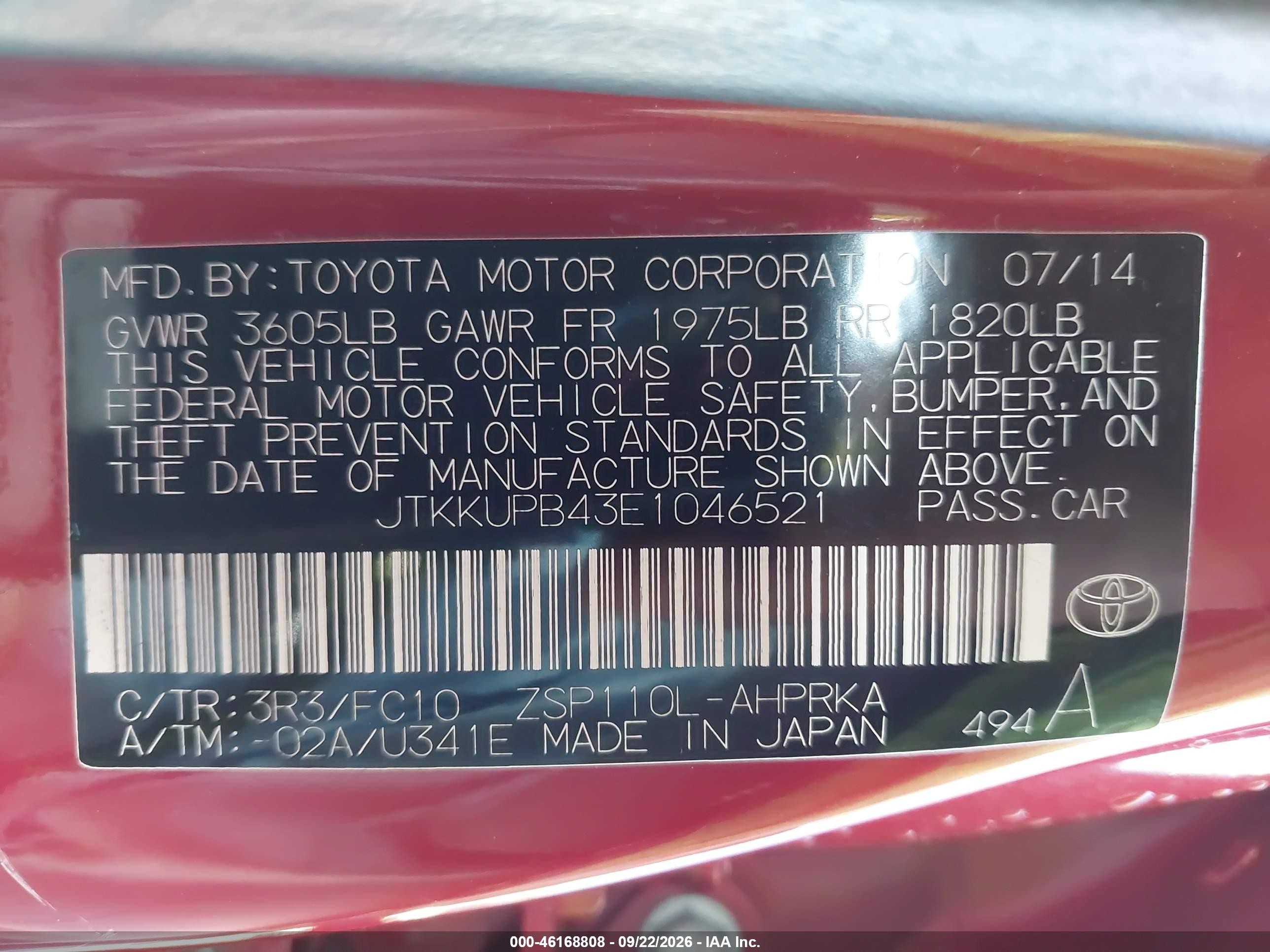 2014 Scion xD VIN JTKKUPB43E1046521 IAAI salvage auction — Side, Salvage (California), sold $1,325 on 2026-10-01 (photo 9)