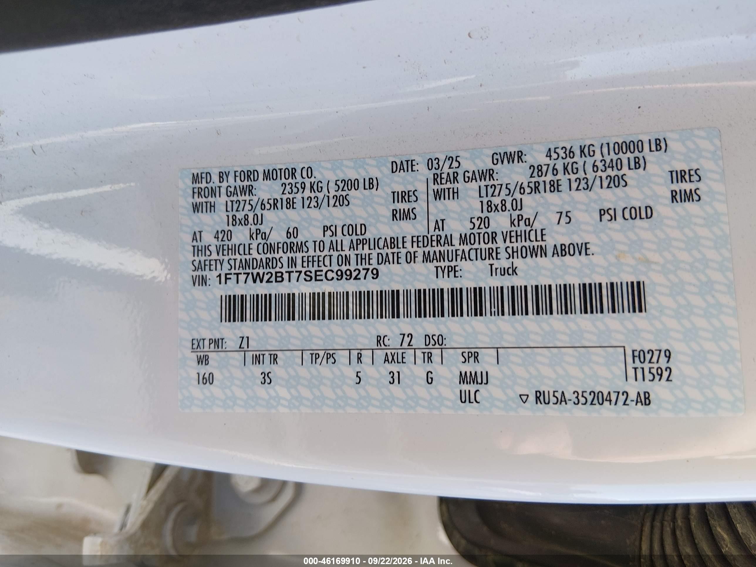 2025 Ford F-250 VIN 1FT7W2BT7SEC99279 IAAI salvage auction — Normal Wear, Enterprise Vehicles Clear Only (Texas), sold $31,250 on 2026-09-25 (photo 9)