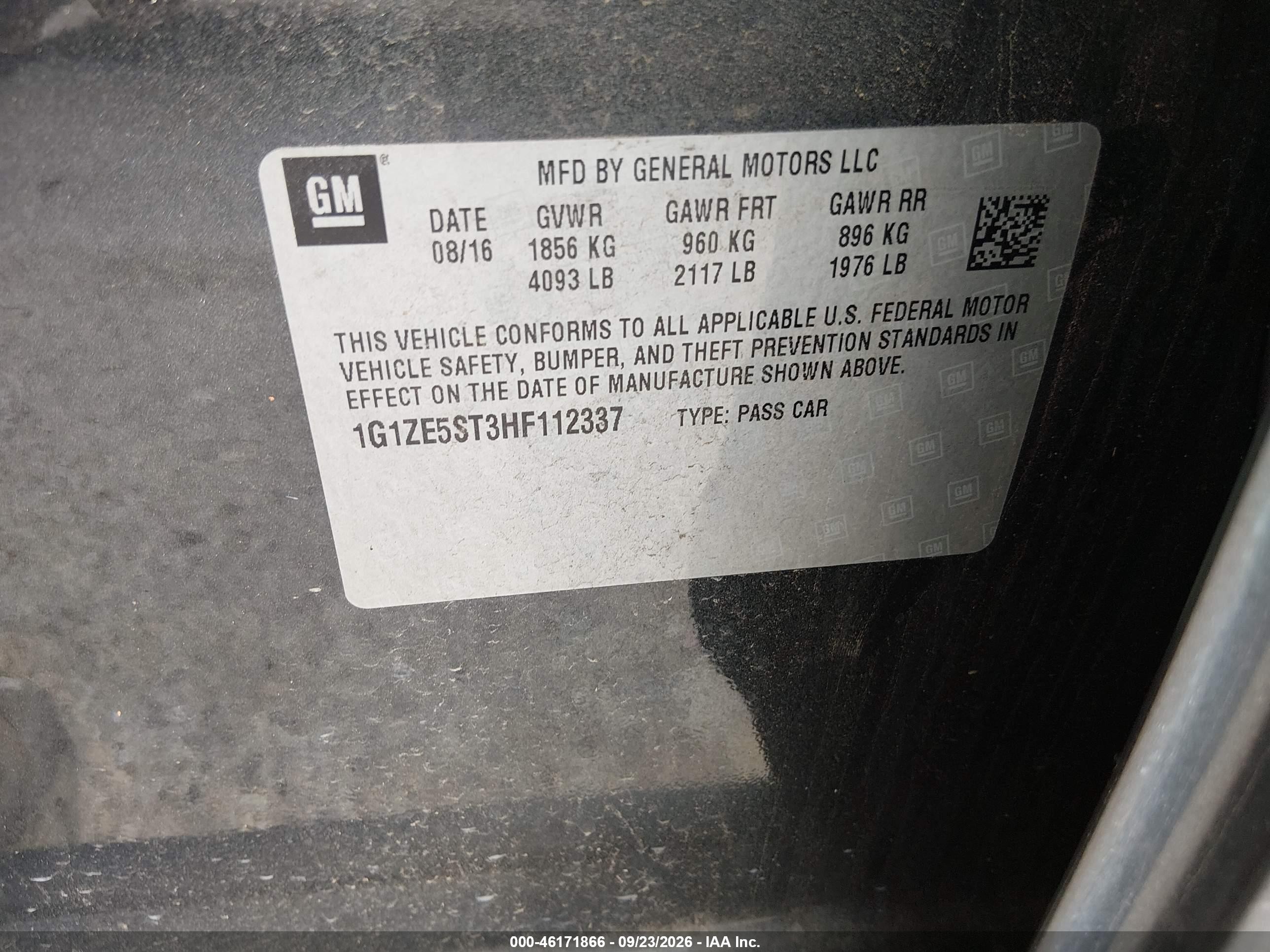 2017 Chevrolet Malibu VIN 1G1ZE5ST3HF112337 IAAI salvage auction — Normal Wear, Original (Texas), sold $1,825 on 2026-10-03 (photo 9)