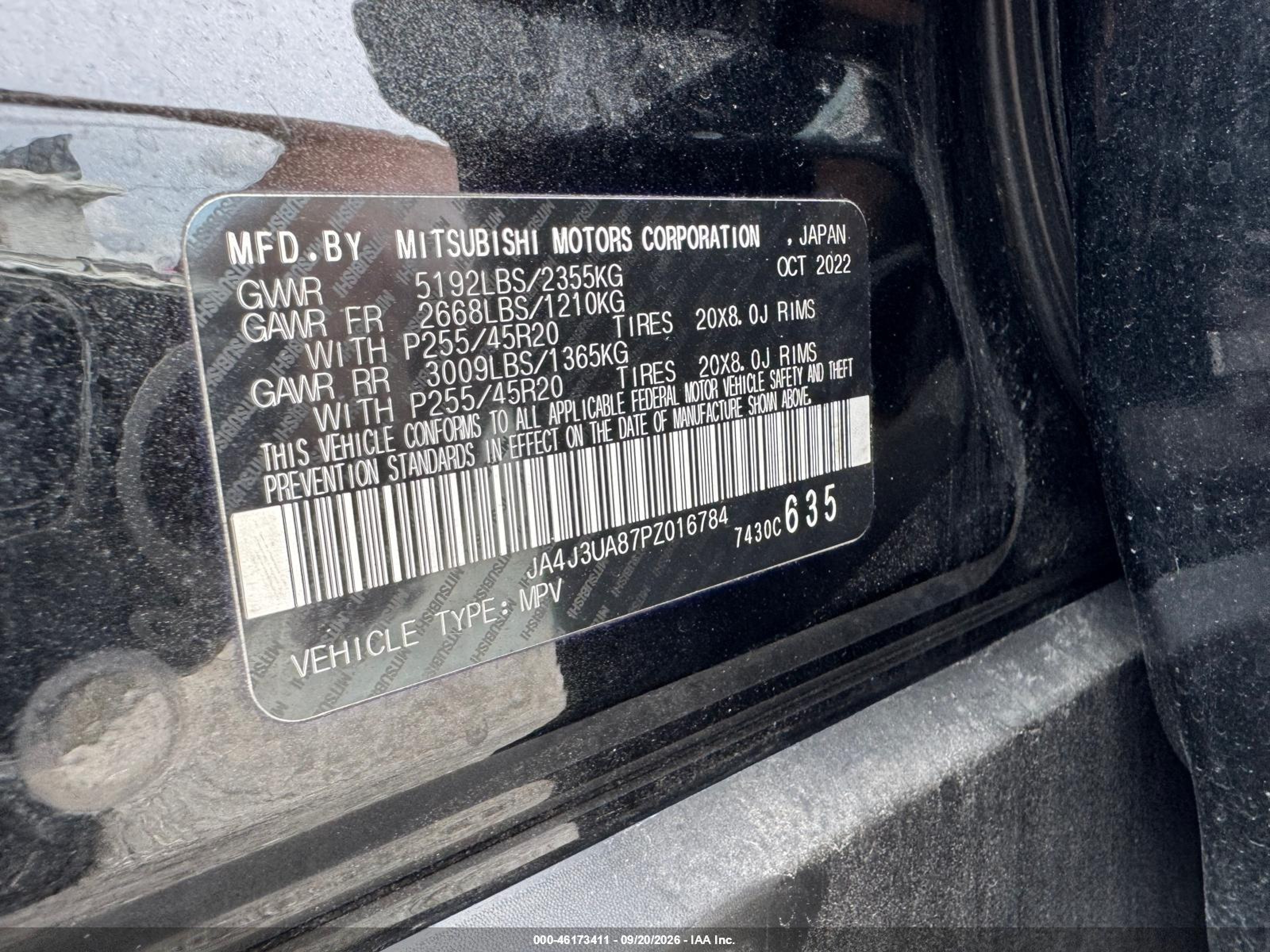 2023 Mitsubishi Outlander VIN JA4J3UA87PZ016784 IAAI salvage auction — Unknown, Clear (Florida), sold $3,600 on 2026-10-07 (photo 9)