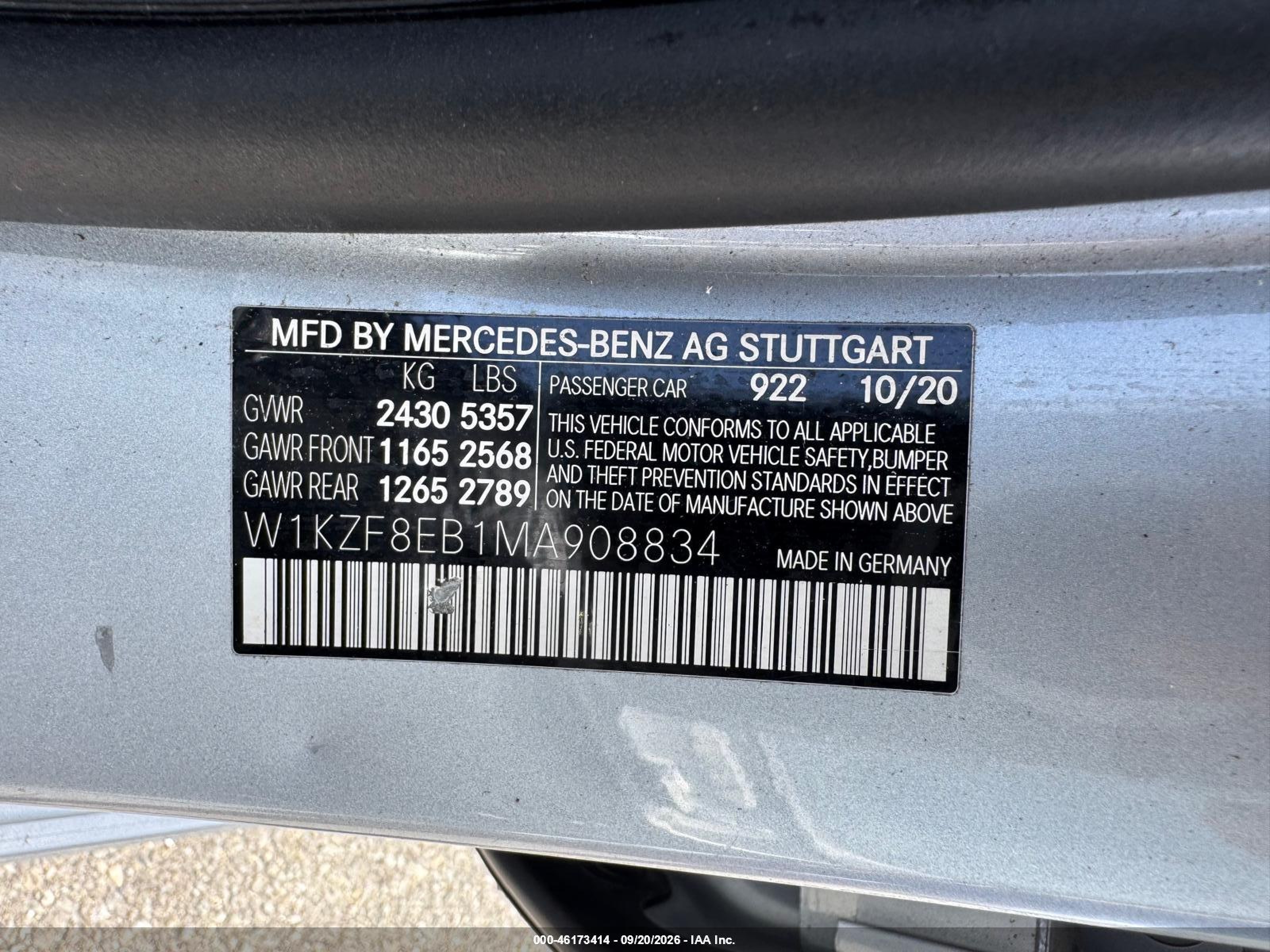 2021 Mercedes-benz E-class VIN W1KZF8EB1MA908834 IAAI salvage auction — Unknown, Clear (Arkansas), sold $12,100 on 2026-10-07 (photo 9)