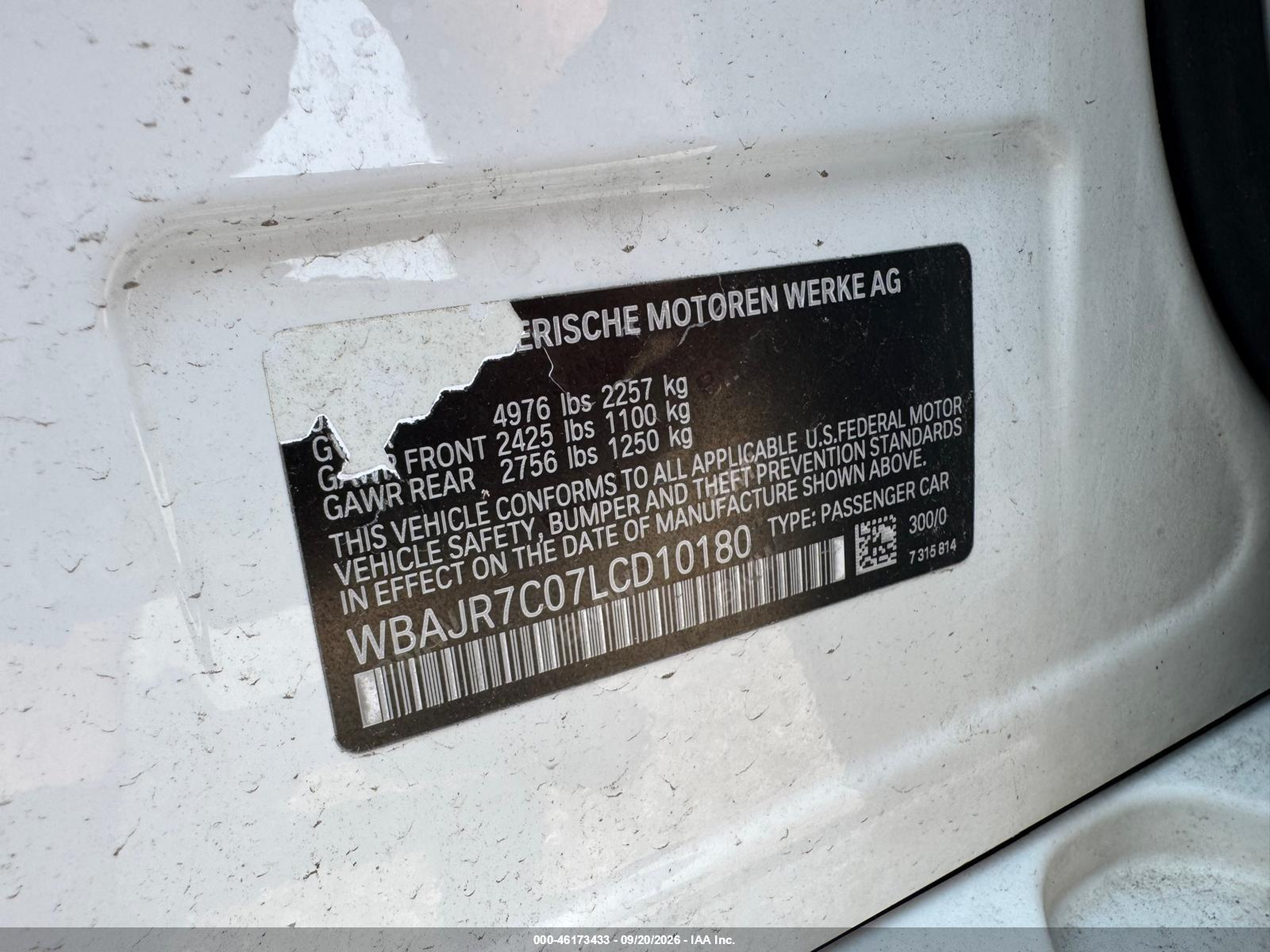 2020 BMW 5 series VIN WBAJR7C07LCD10180 IAAI salvage auction — Unknown, Clear (Arkansas), sold $375 on 2026-10-07 (photo 9)