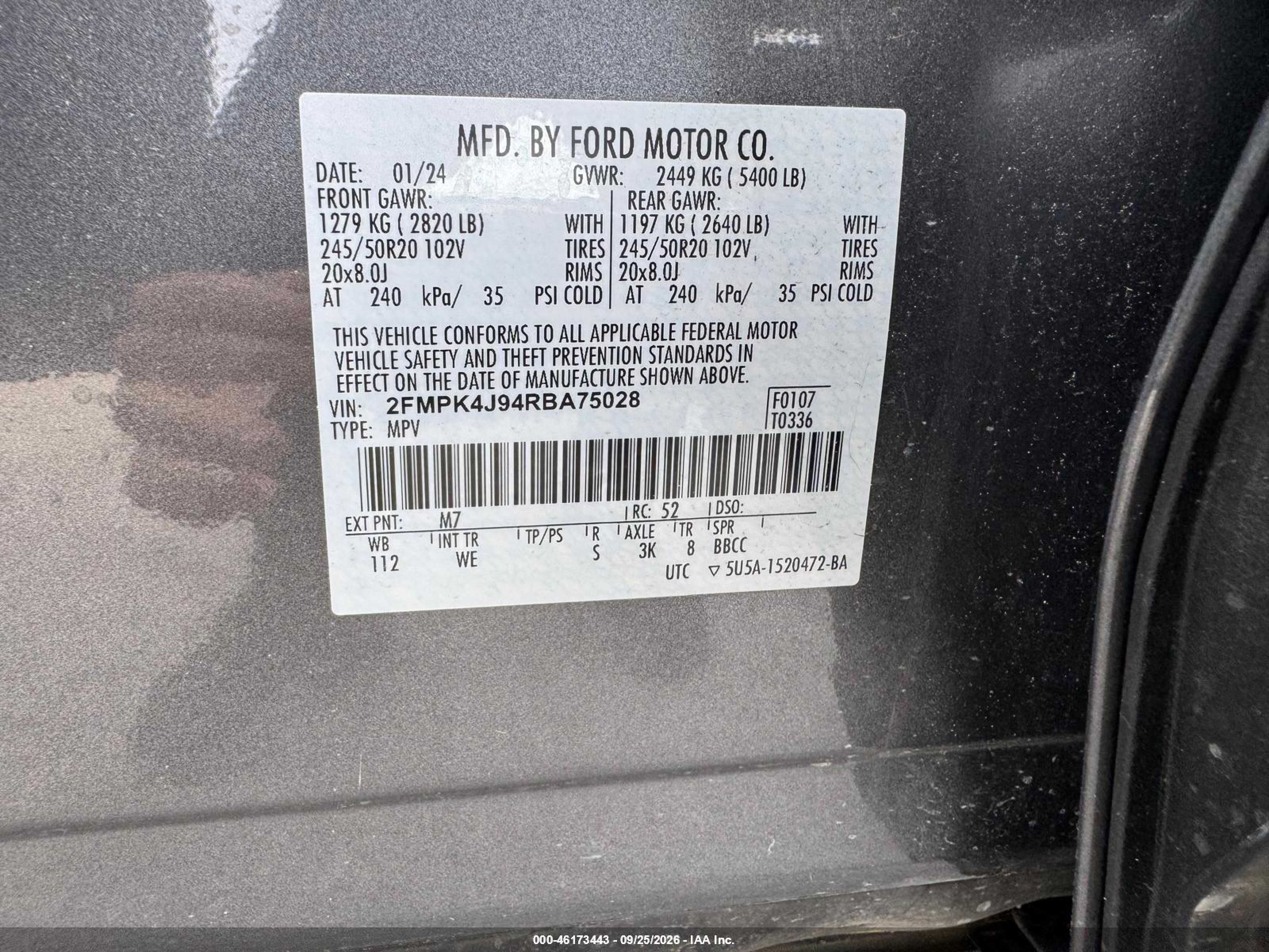 2024 Ford Edge VIN 2FMPK4J94RBA75028 IAAI salvage auction — Unknown, Clear (Texas), sold $10,100 on 2026-10-07 (photo 9)