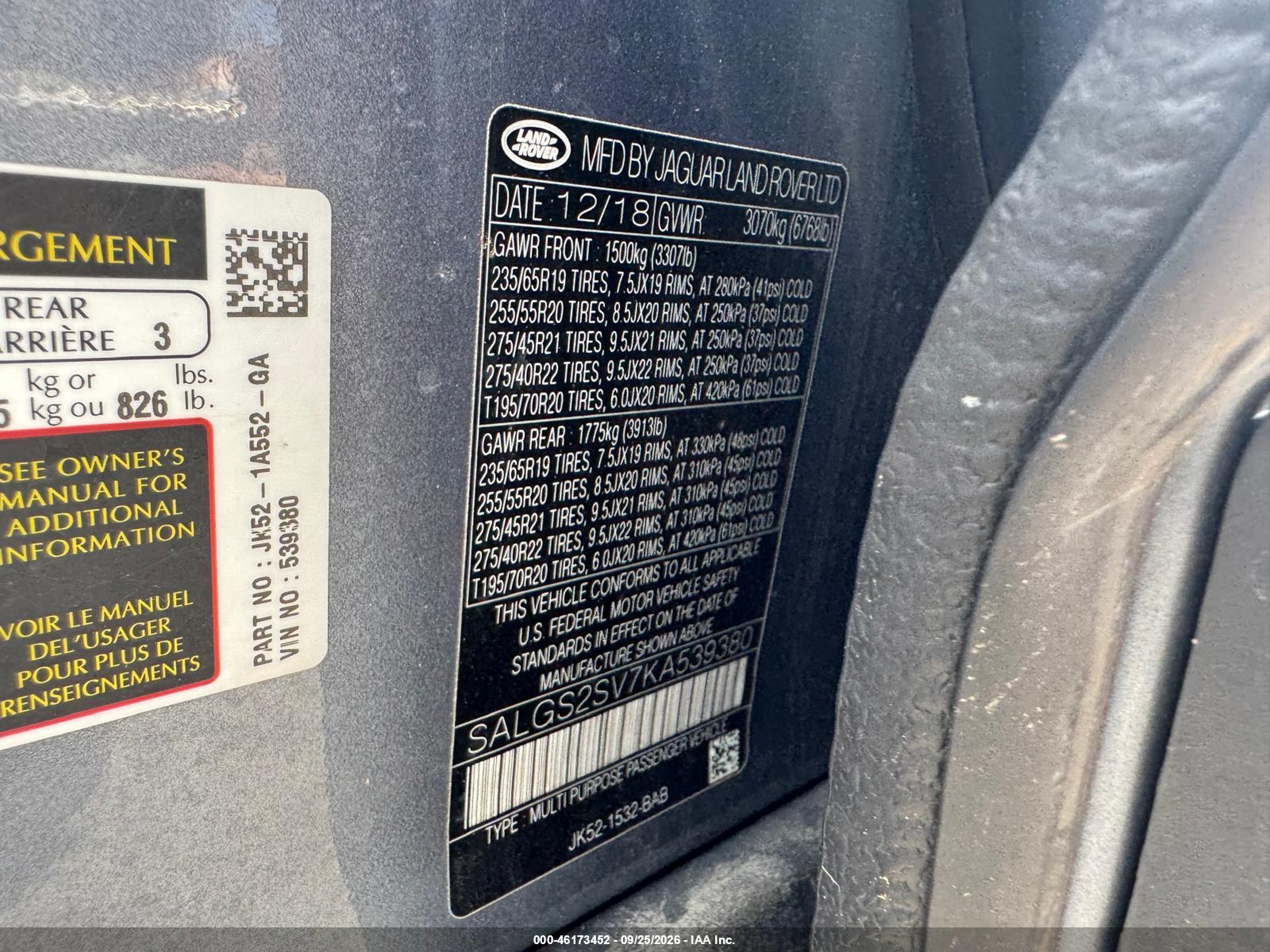 2019 Land Rover Range Rover VIN SALGS2SV7KA539380 IAAI salvage auction — Mechanical, Clear (Massachusetts), sold $16,500 on 2026-10-01 (photo 9)