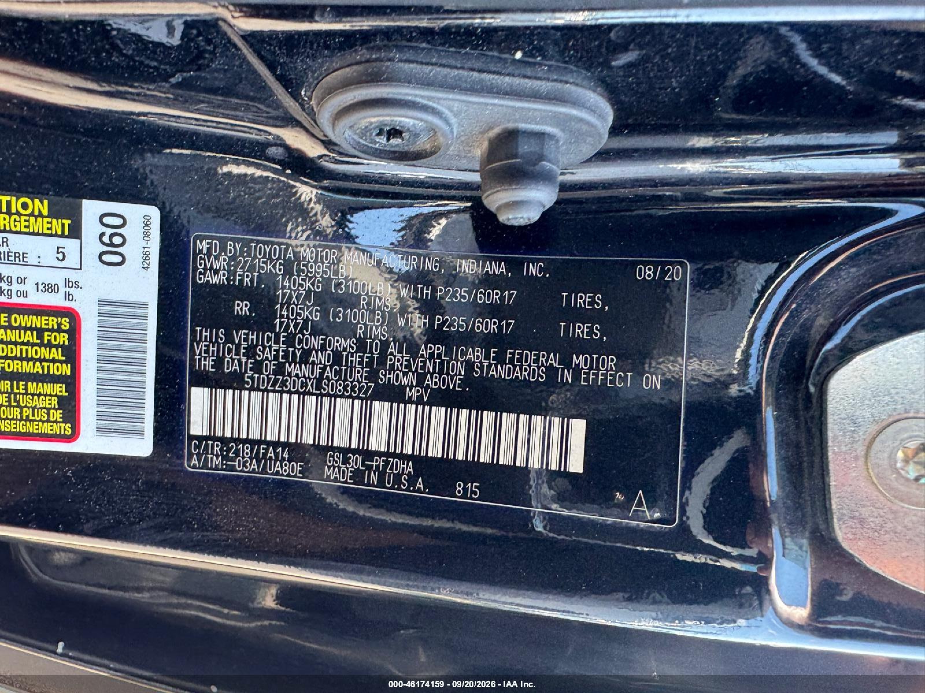 2020 Toyota Sienna VIN 5TDZZ3DCXLS083327 IAAI salvage auction — Unknown, Clear (Virginia), sold $8,500 on 2026-10-19 (photo 9)