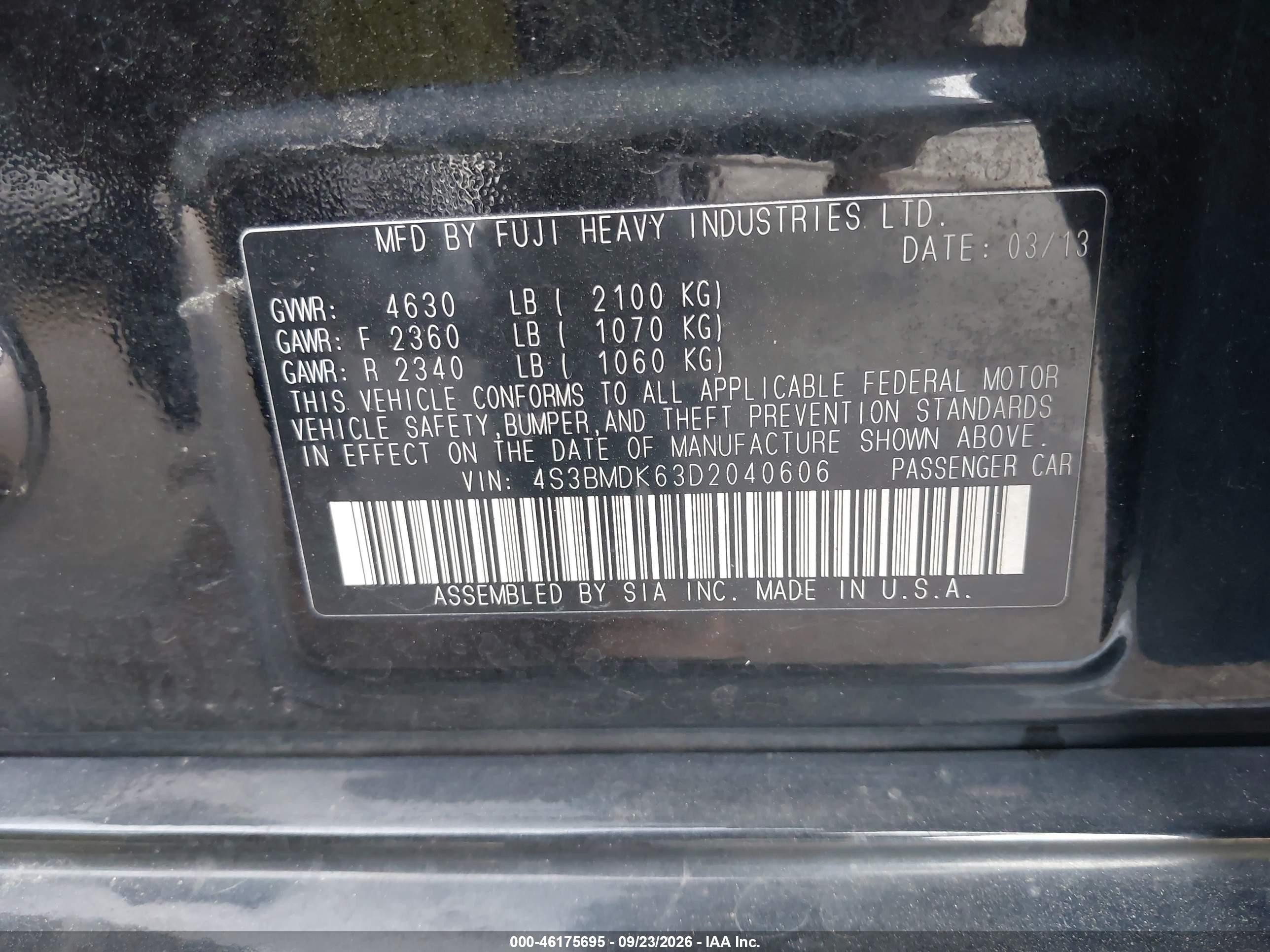2013 Subaru LEGACY VIN 4S3BMDK63D2040606 IAAI salvage auction — Front End, Salvage (Connecticut), sold $950 on 2026-10-09 (photo 9)