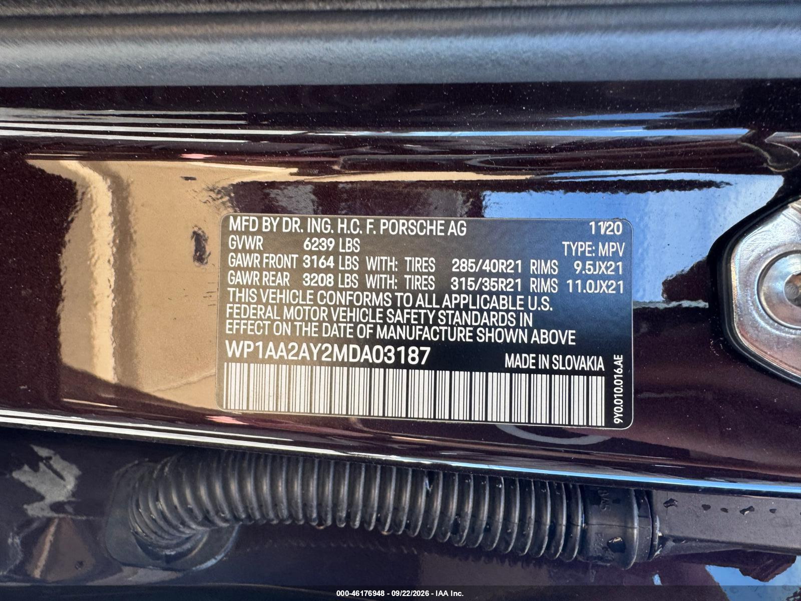 2021 Porsche Cayenne VIN WP1AA2AY2MDA03187 IAAI salvage auction — Unknown, Clear (Montana), sold $7,700 on 2026-10-07 (photo 9)