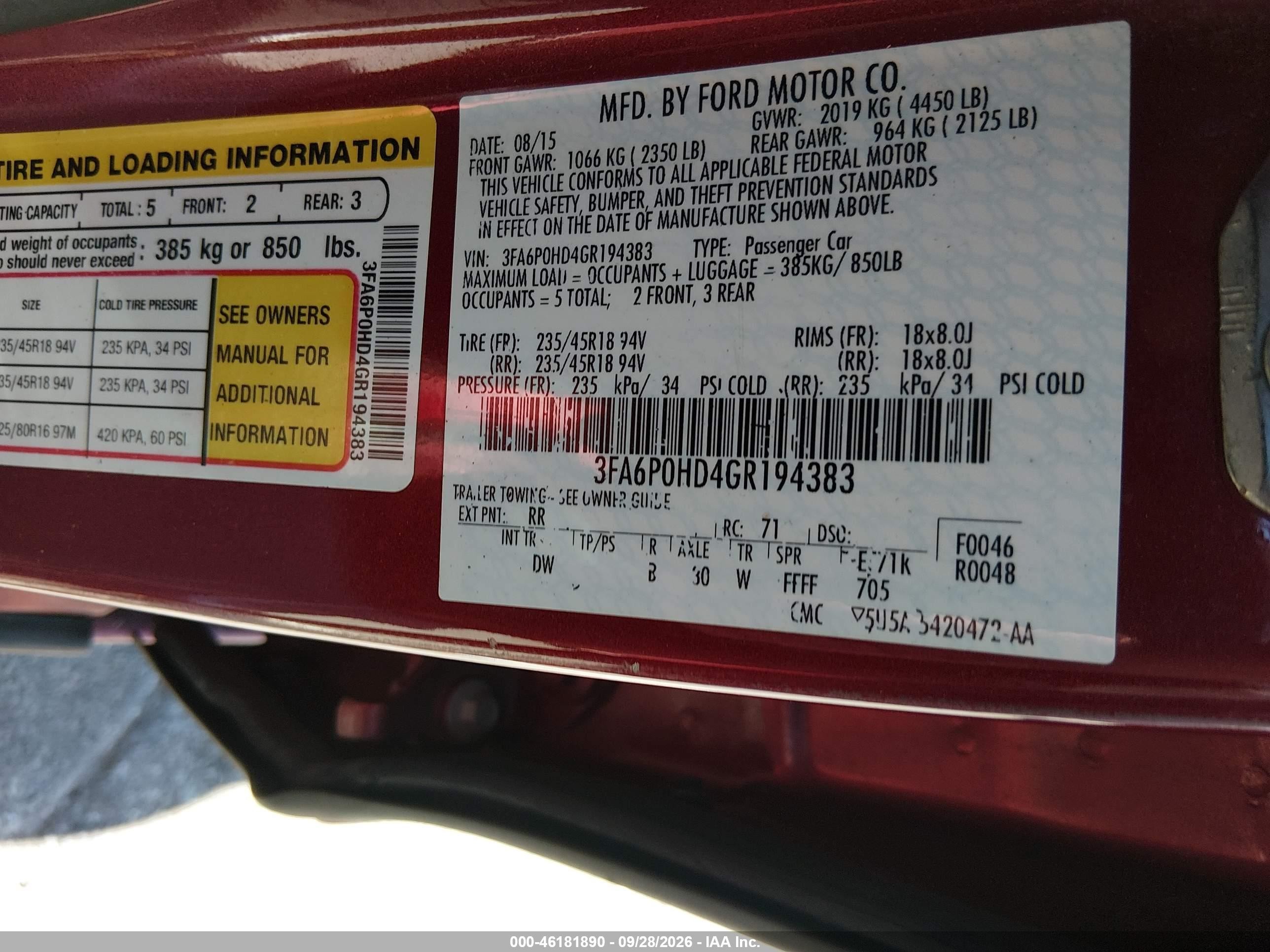 2016 Ford Fusion VIN 3FA6P0HD4GR194383 IAAI salvage auction — Normal Wear, Clear (Florida), sold $1,650 on 2026-10-22 (photo 9)