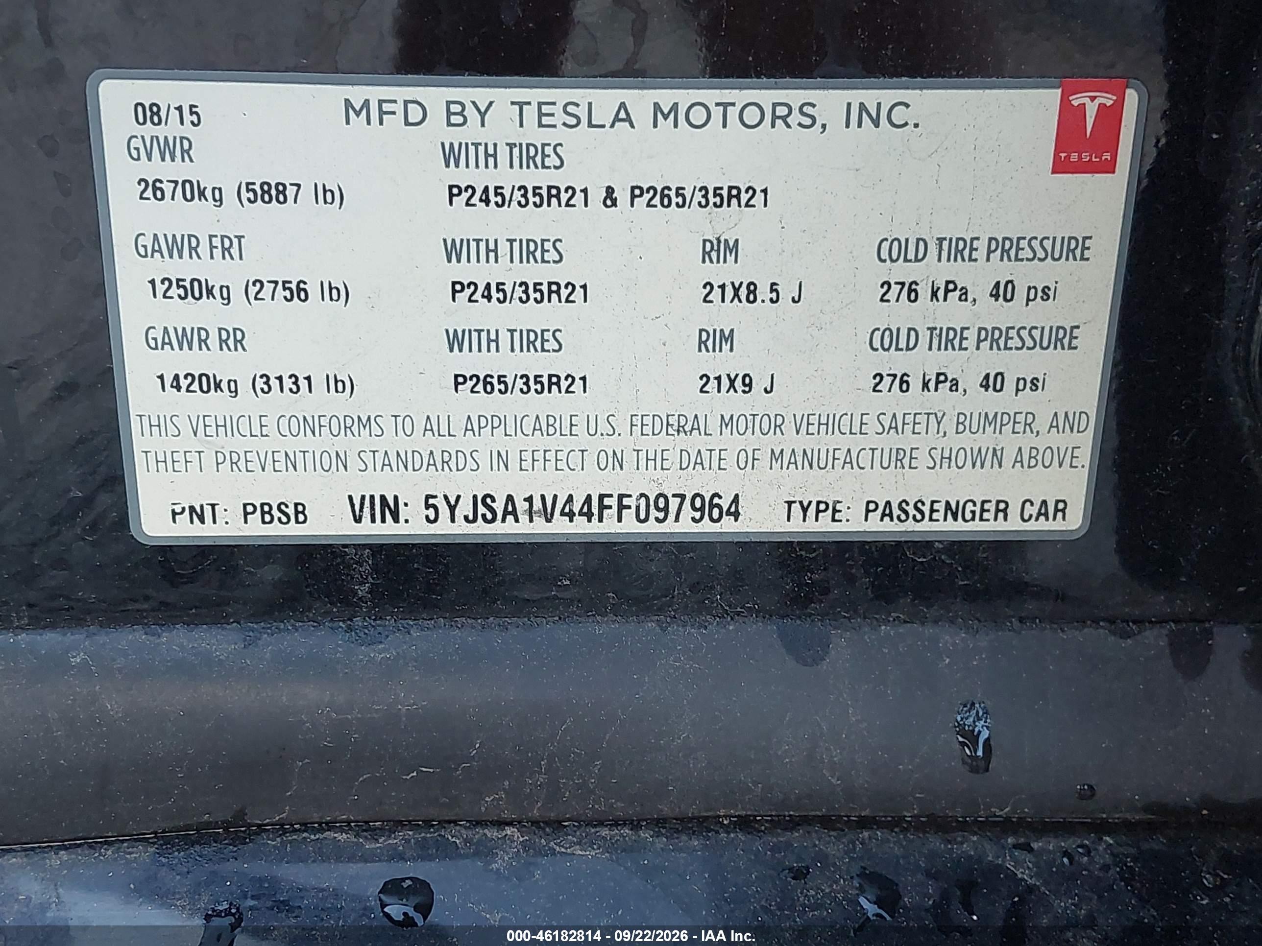 2015 Tesla Model s VIN 5YJSA1V44FF097964 IAAI salvage auction — Front End, Bill Of Sale (Washington), sold $5,700 on 2026-10-02 (photo 9)