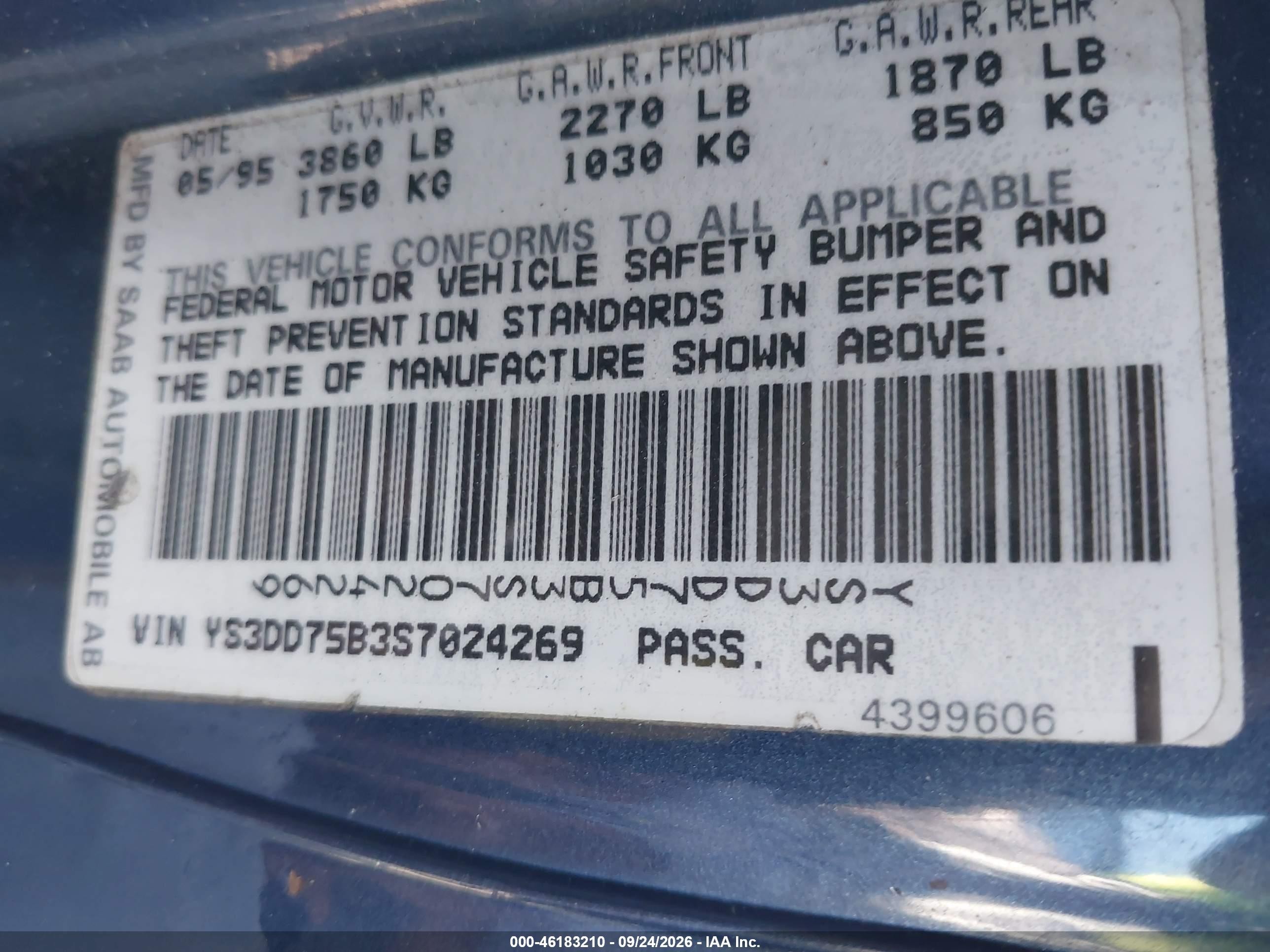 1995 Saab 900 VIN YS3DD75B3S7024269 IAAI salvage auction — Normal Wear, Clear (Connecticut), sold $450 on 2026-10-01 (photo 9)