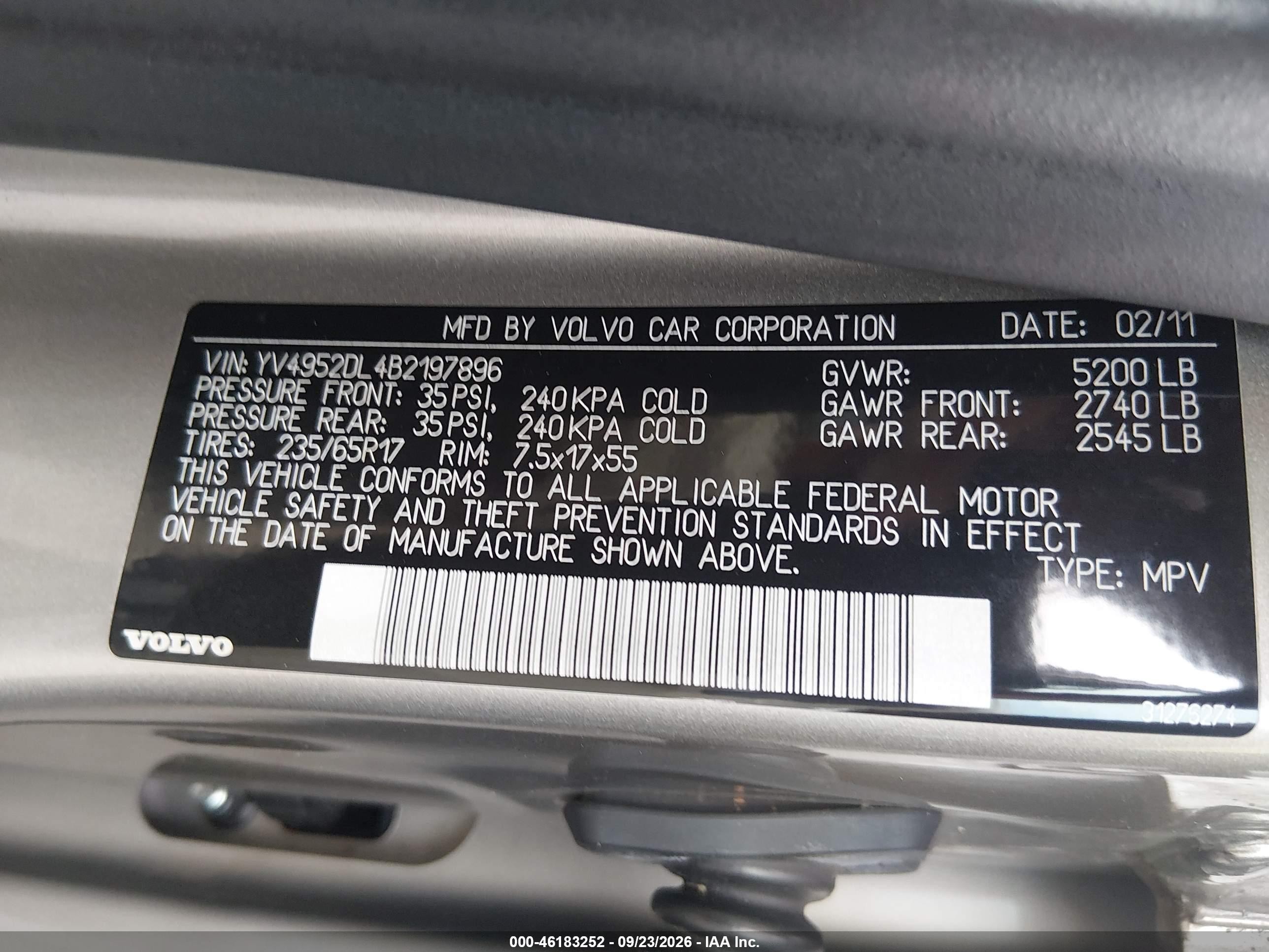 2011 Volvo Xc60 VIN YV4952DL4B2197896 IAAI salvage auction — Unknown, Salvage (Pennsylvania), sold $375 on 2026-10-03 (photo 9)