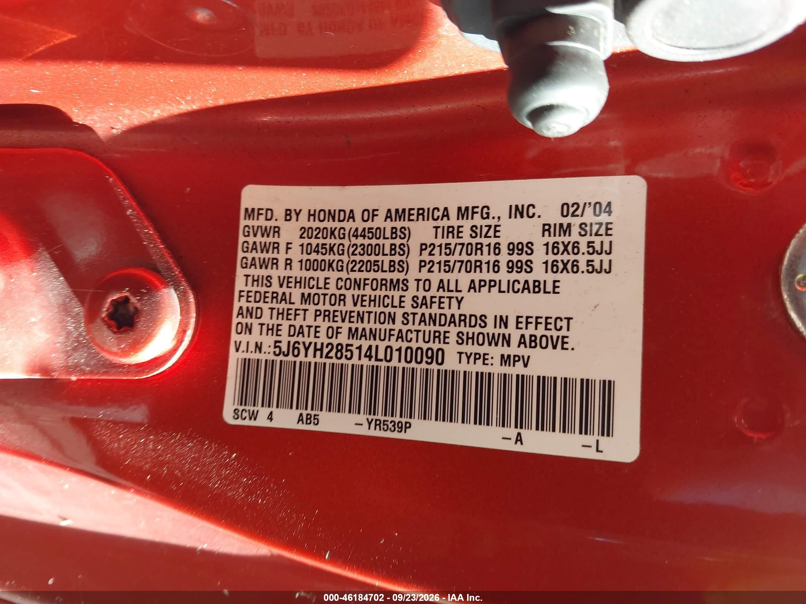 2004 Honda Element VIN 5J6YH28514L010090 IAAI salvage auction — Normal Wear, Clear (Pennsylvania), sold $550 on 2026-10-01 (photo 9)