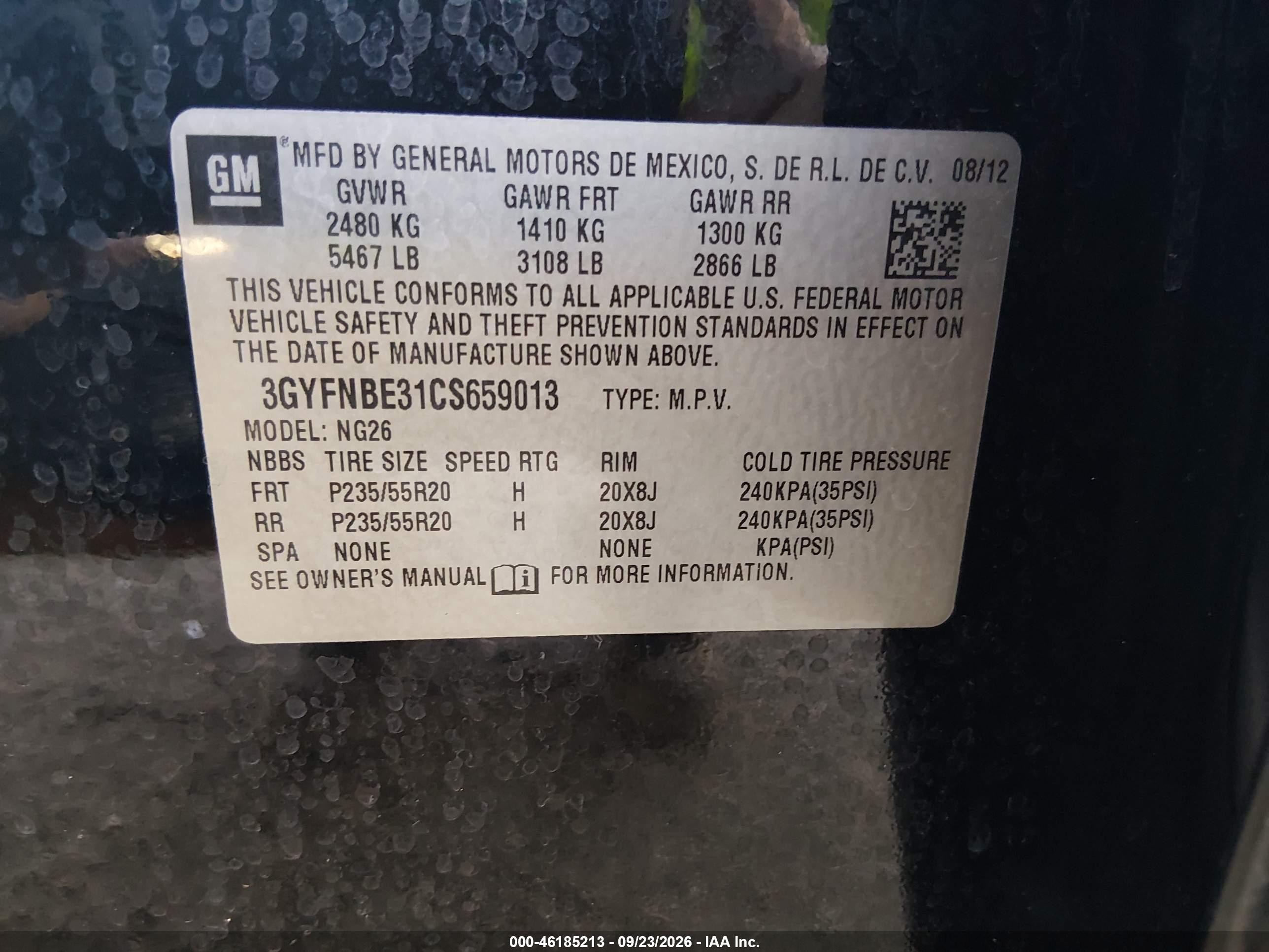 2012 Cadillac Srx VIN 3GYFNBE31CS659013 IAAI salvage auction — Front End, Salvage (Louisiana), sold $1,050 on 2026-10-08 (photo 9)
