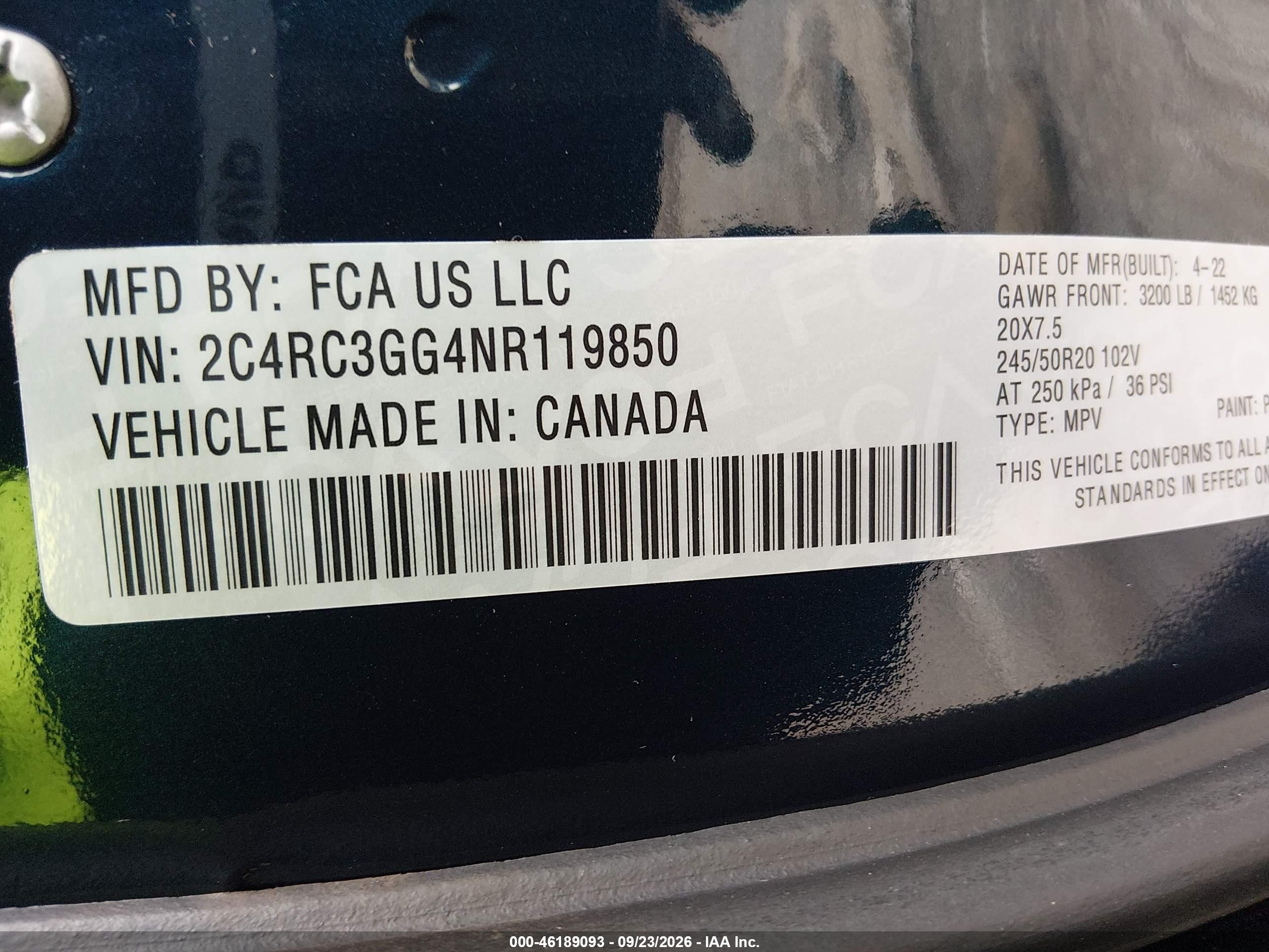2022 Chrysler Pacifica VIN 2C4RC3GG4NR119850 IAAI salvage auction — Unknown, Salvage (Ohio), sold $11,100 on 2026-10-06 (photo 9)