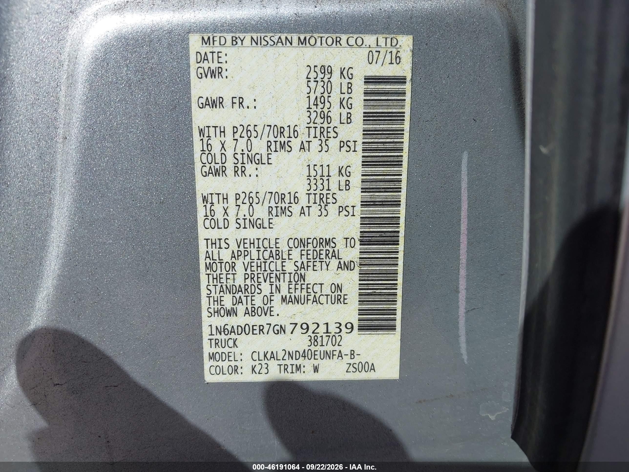 2016 Nissan Navara (frontier) VIN 1N6AD0ER7GN792139 IAAI salvage auction — Side, Salvage (California), sold $3,100 on 2026-10-08 (photo 9)