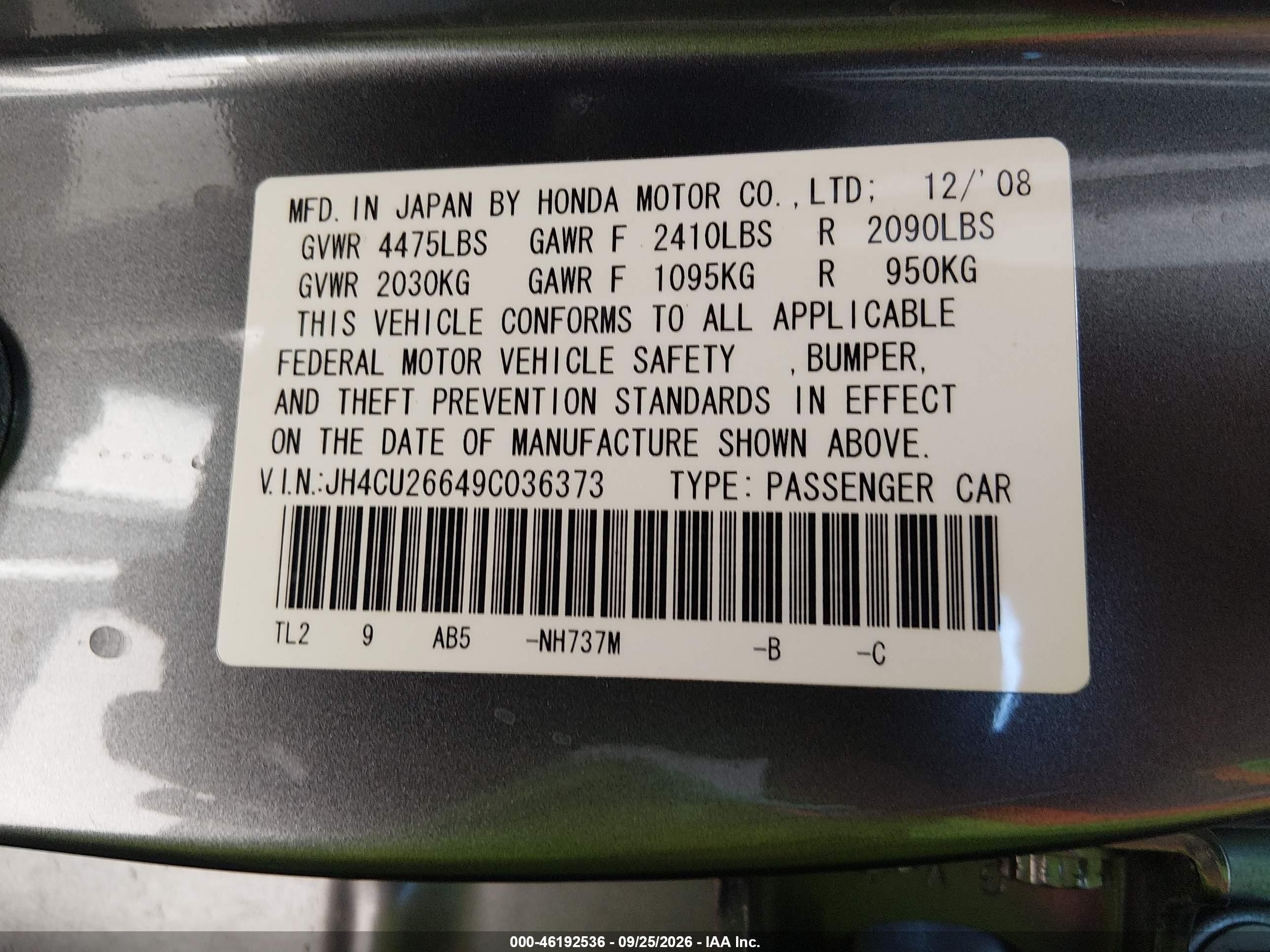 2009 Acura Tsx VIN JH4CU26649C036373 IAAI salvage auction — Unknown, Salvage (Arizona), sold $900 on 2026-10-08 (photo 9)