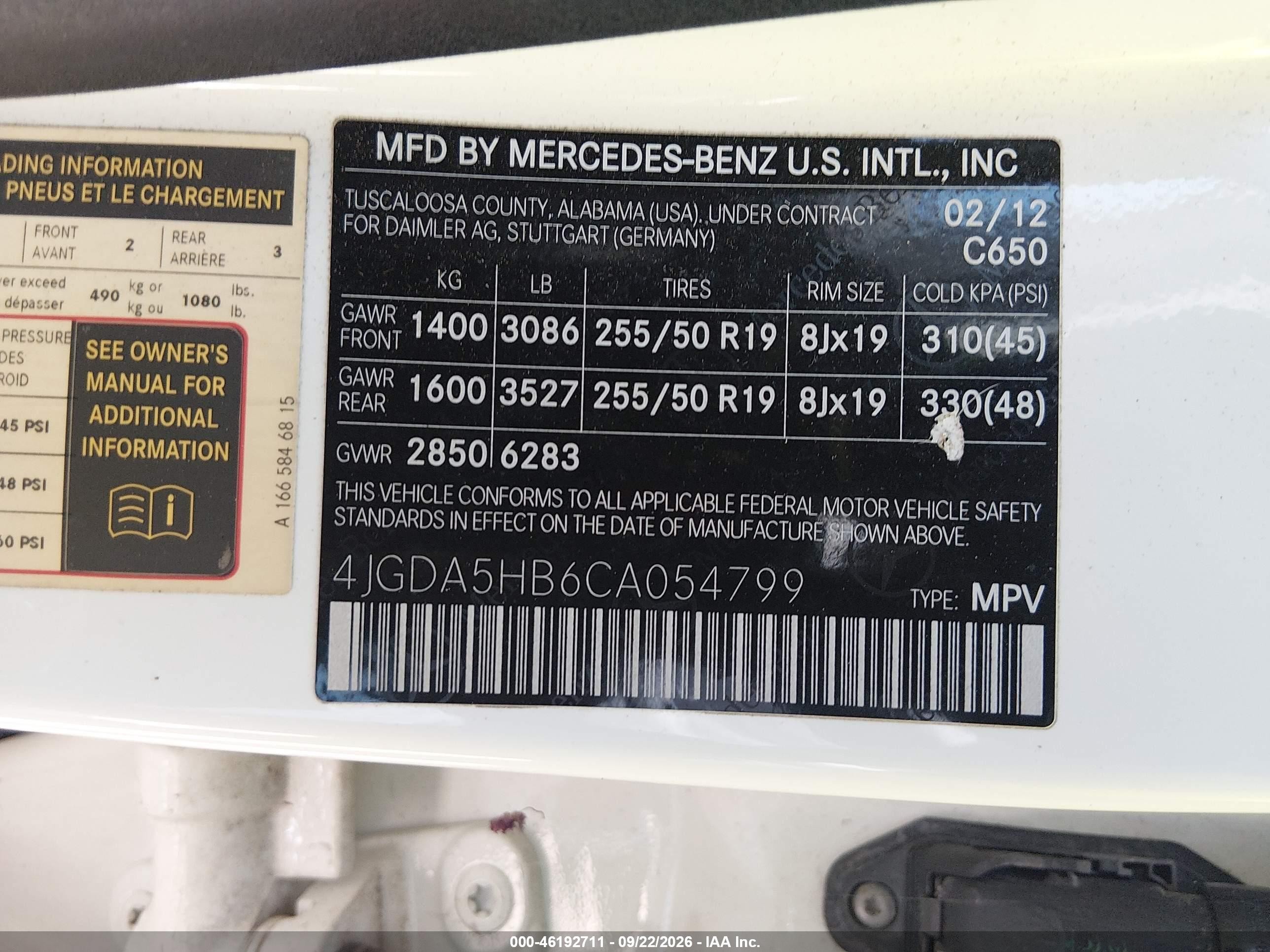 2012 Mercedes-benz M-klasse VIN 4JGDA5HB6CA054799 IAAI salvage auction — Normal Wear, Original (Texas), sold $3,575 on 2026-10-04 (photo 9)