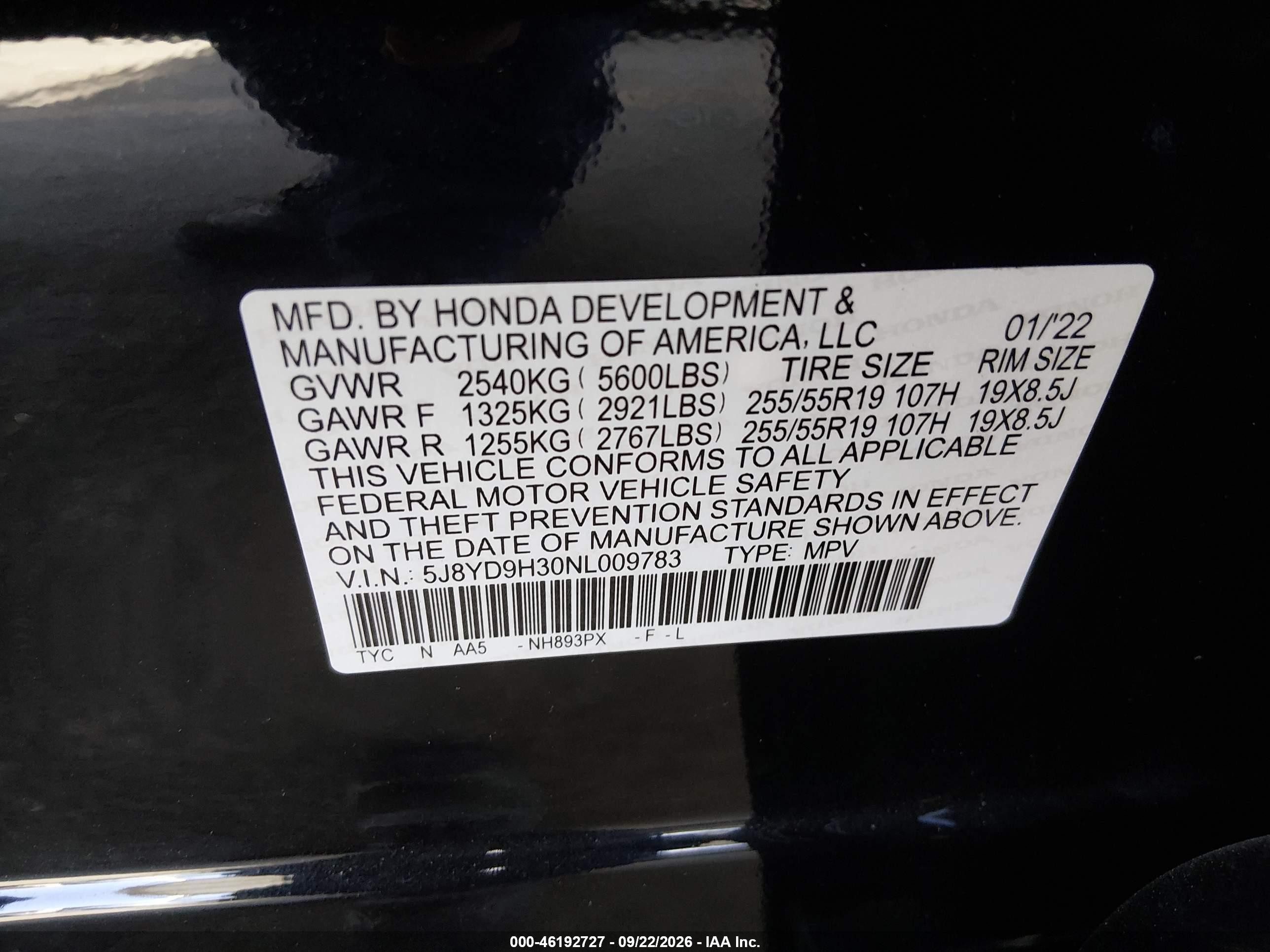 2022 Acura Mdx VIN 5J8YD9H30NL009783 IAAI salvage auction — Side, Salvage (California), sold $7,100 on 2026-10-01 (photo 9)