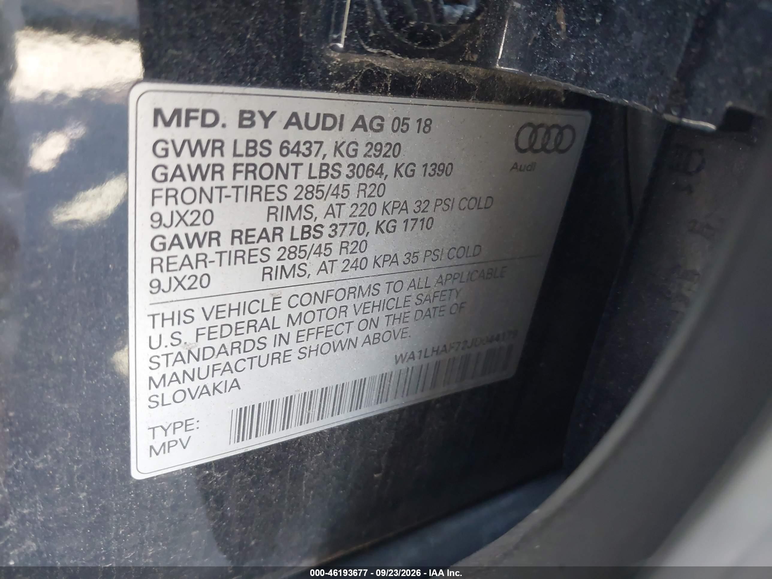 2018 Audi Q7 VIN WA1LHAF72JD044179 IAAI salvage auction — Front End, Mv-907A (New York), sold $5,600 on 2026-10-03 (photo 9)