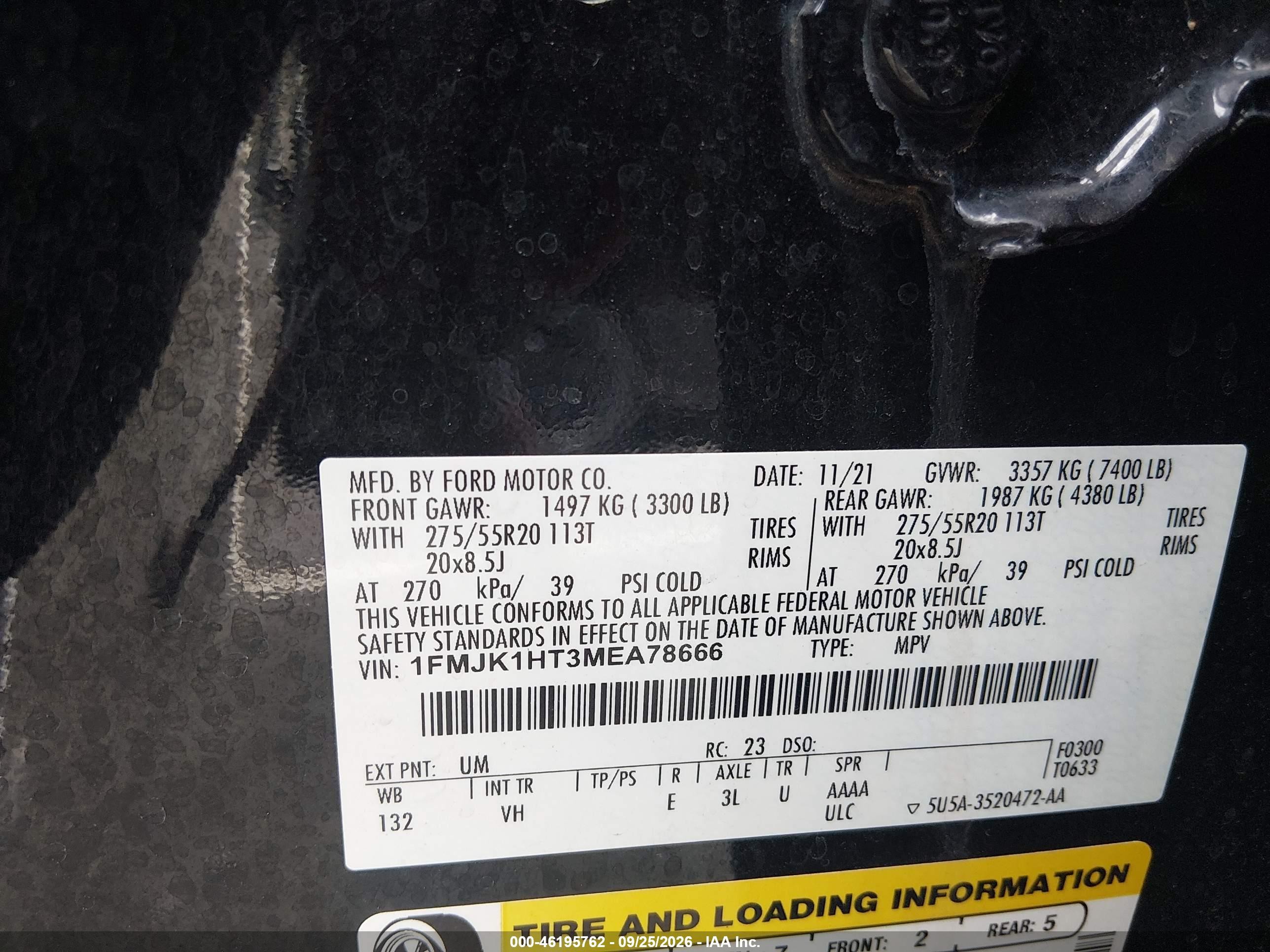 2021 Ford Expedition VIN 1FMJK1HT3MEA78666 IAAI salvage auction — Rear End, Salvage (Tennessee), sold $12,300 on 2026-10-08 (photo 9)