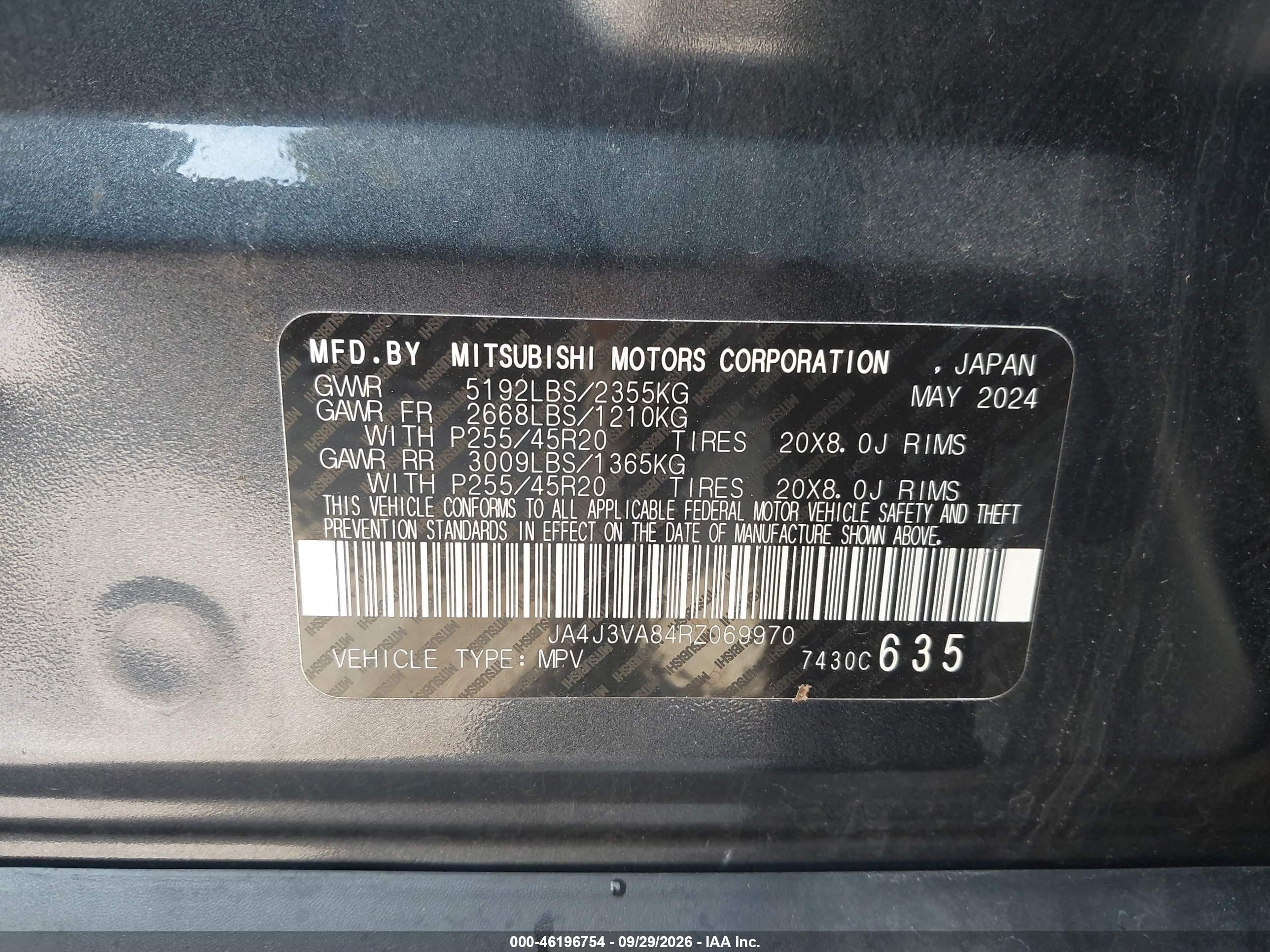 2024 Mitsubishi Outlander VIN JA4J3VA84RZ069970 IAAI salvage auction — Front End, Enterprise Vehicles Clear Only (Oklahoma), sold $13,200 on 2026-09-30 (photo 9)