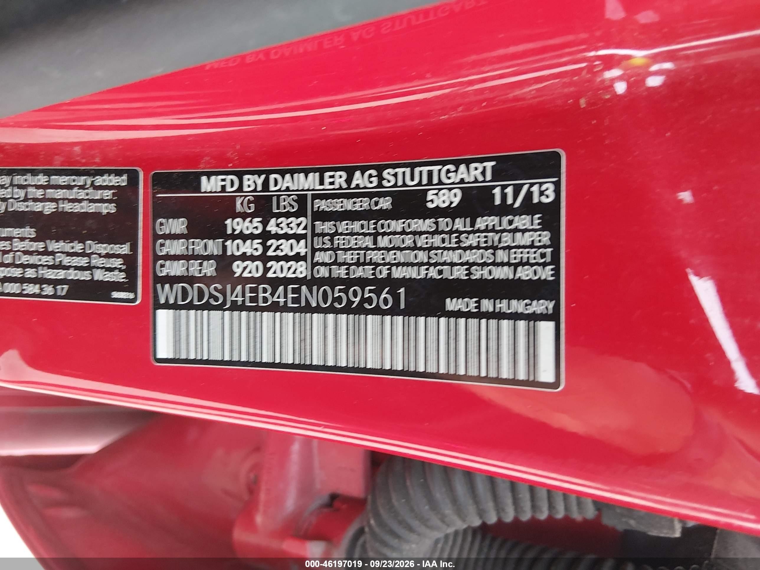 2014 Mercedes-Benz CLA-Class VIN WDDSJ4EB4EN059561 IAAI salvage auction — Normal Wear, Original (Texas), sold $2,175 on 2026-10-02 (photo 9)