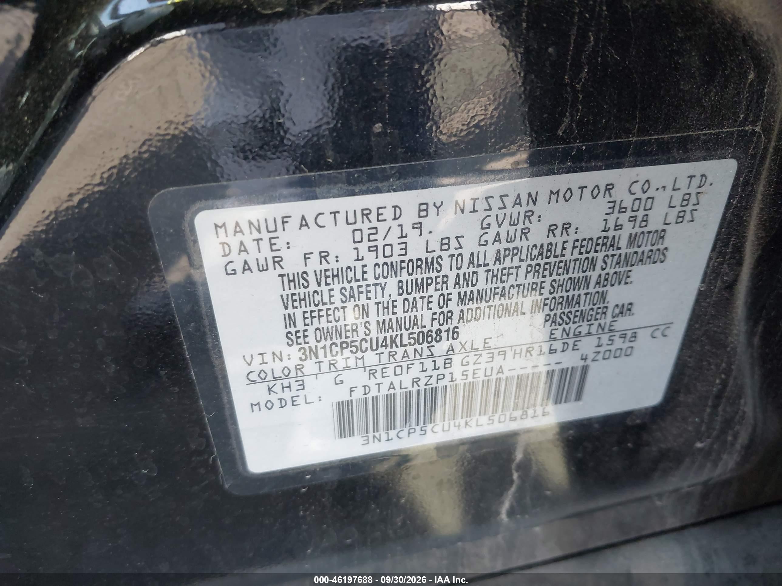 2019 Nissan Kicks VIN 3N1CP5CU4KL506816 IAAI salvage auction — Rear End, Salvage Certificate (California), sold $3,000 on 2026-10-02 (photo 9)