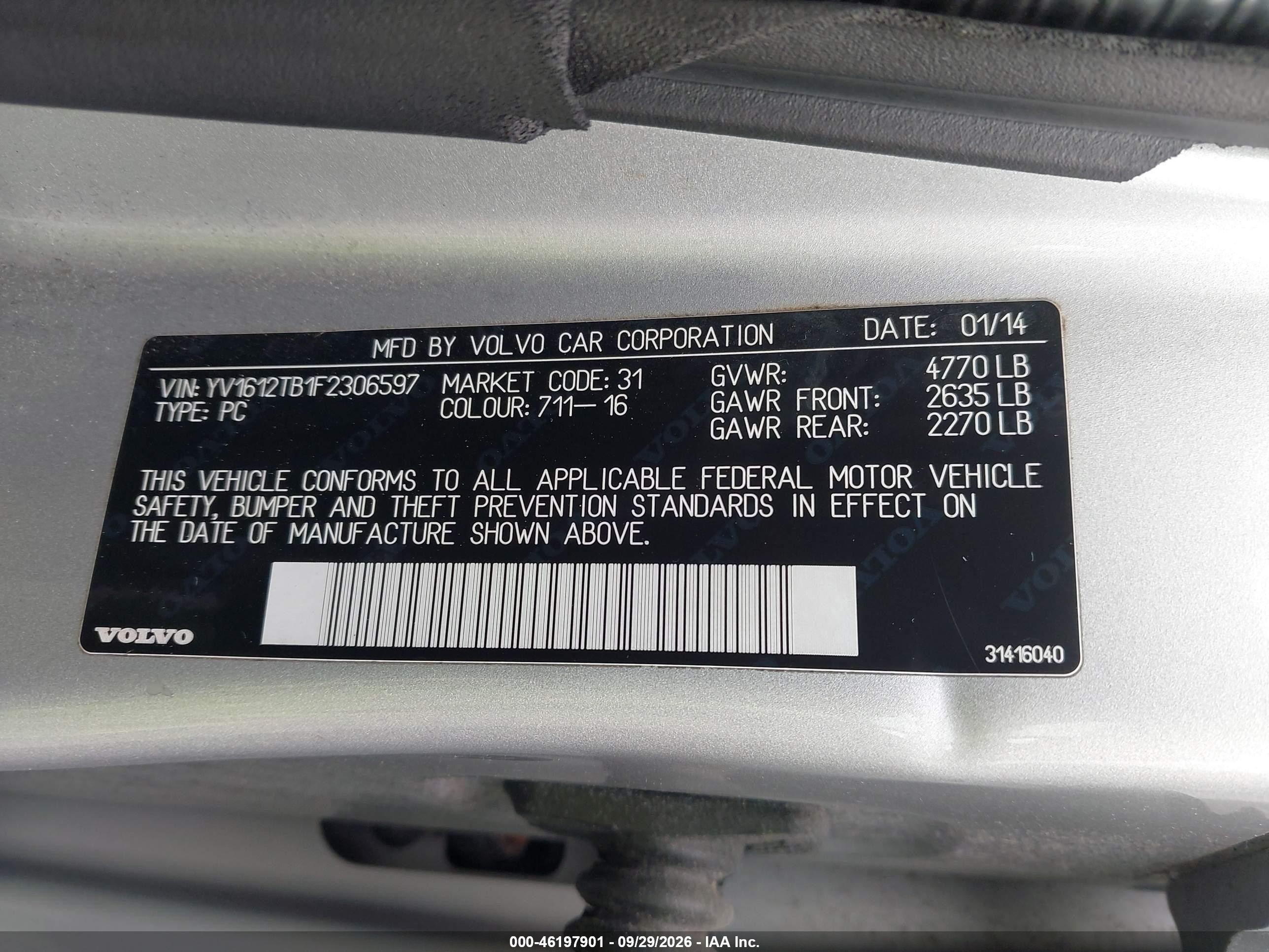 2015 Volvo S60 VIN YV1612TB1F2306597 IAAI salvage auction — Vandalized, Clear (Massachusetts), sold $350 on 2026-10-06 (photo 9)