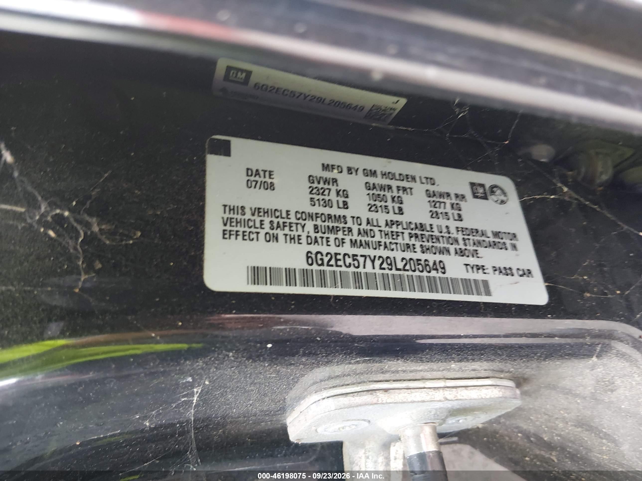 2009 Pontiac G8 VIN 6G2EC57Y29L205649 IAAI salvage auction — Normal Wear, Original (Texas), sold $5,175 on 2026-09-30 (photo 9)
