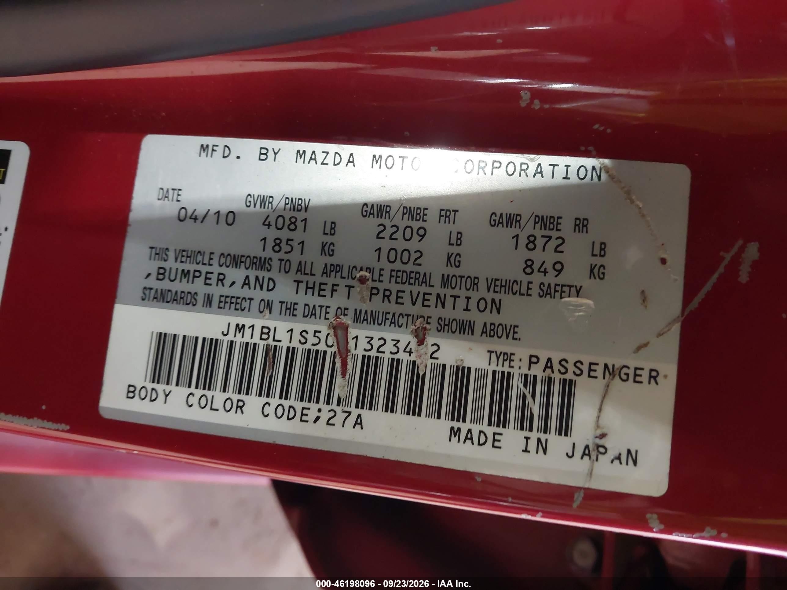 2010 Mazda 3 VIN JM1BL1S50A1323412 IAAI salvage auction — Normal Wear, Clear (North Carolina), sold $700 on 2026-10-02 (photo 9)